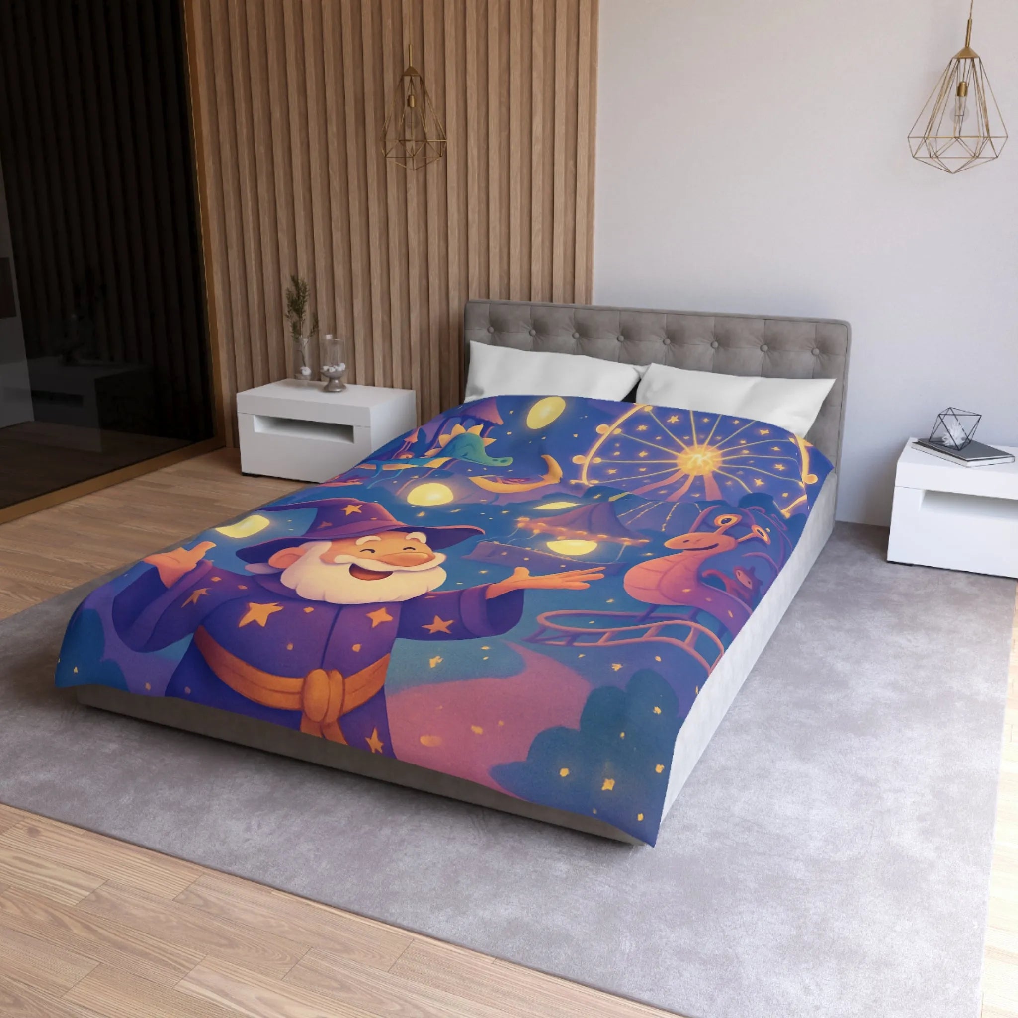 Housse de couette magique pour enfants avec magicien joyeux et parc d'attractions nocturne