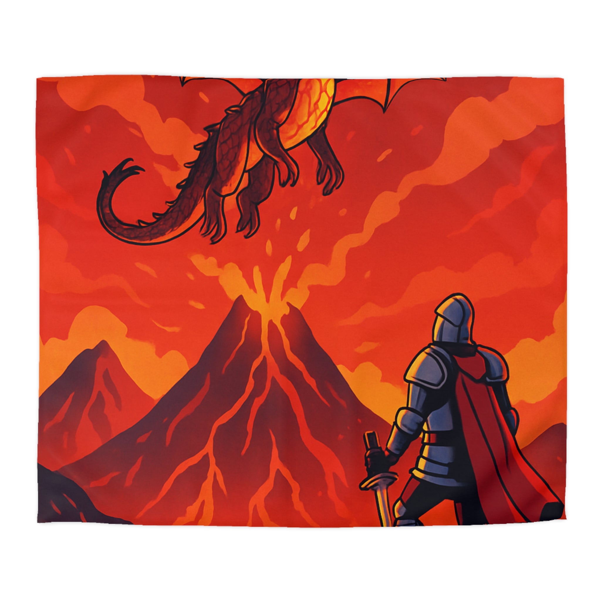 Imposant dragon rouge volant sur volcan en fusion, chevalier en armure contemplatif