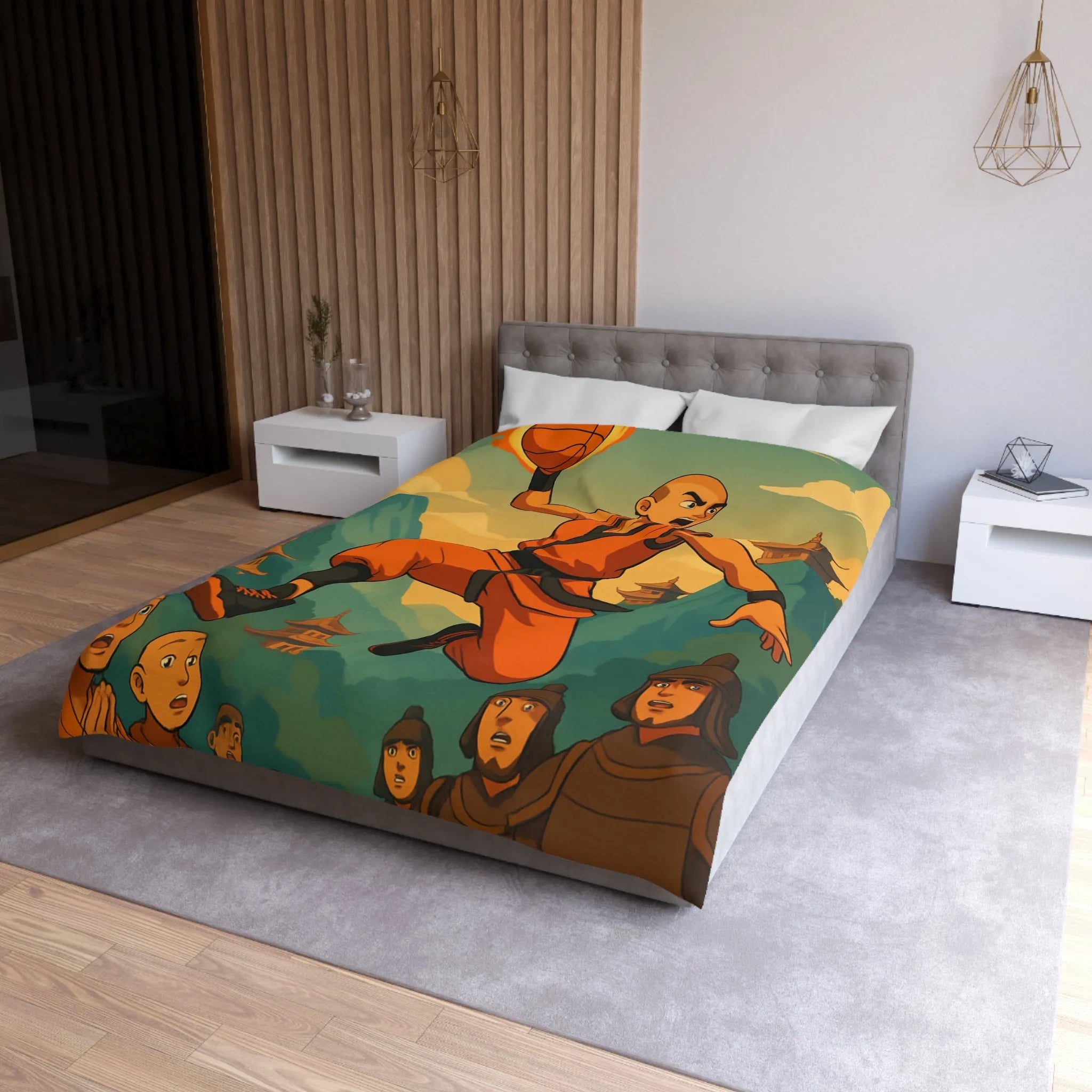 Housse de Couette Art Martial Moine avec Ballon de Basket en Feu Paysage Montagneux