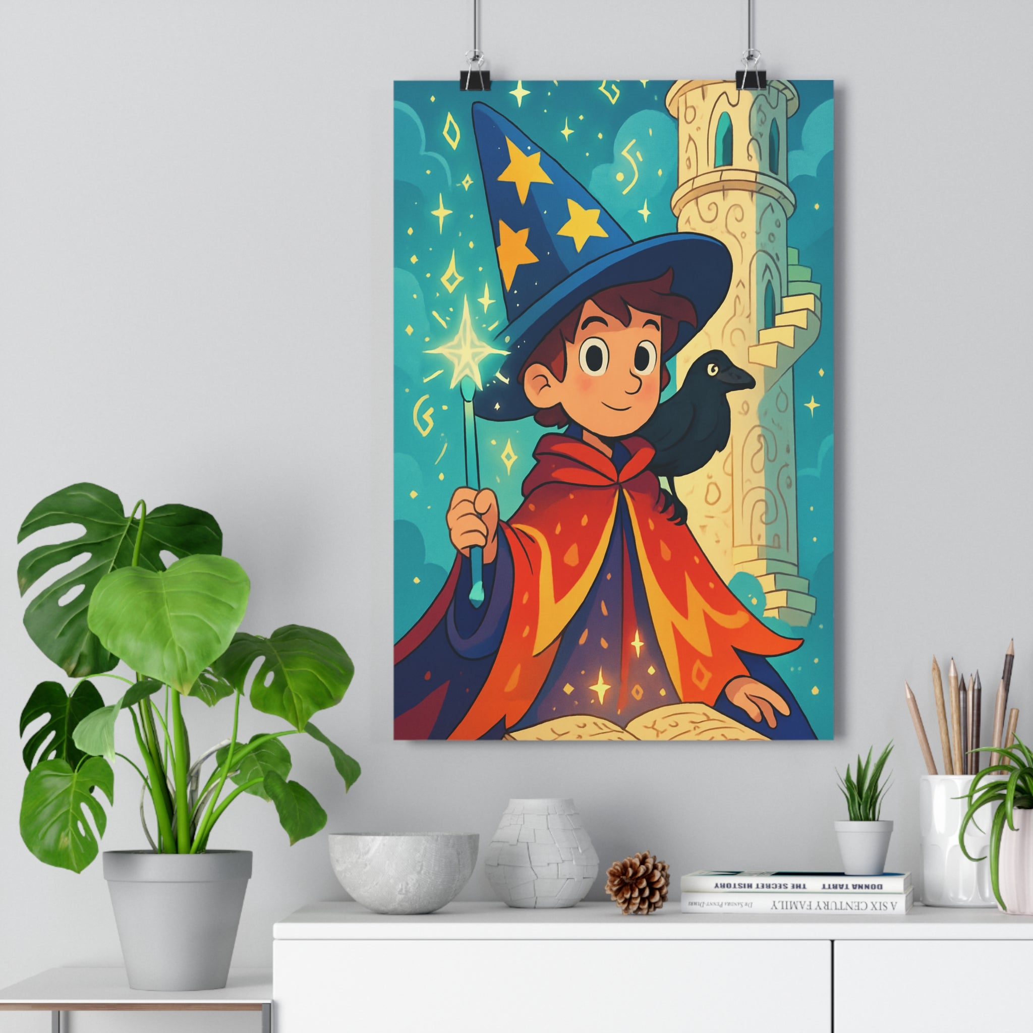 Poster décoratif sorcier mystique enfant dessin animé bleu rouge magie chambre 30x46 féerique corbeau
