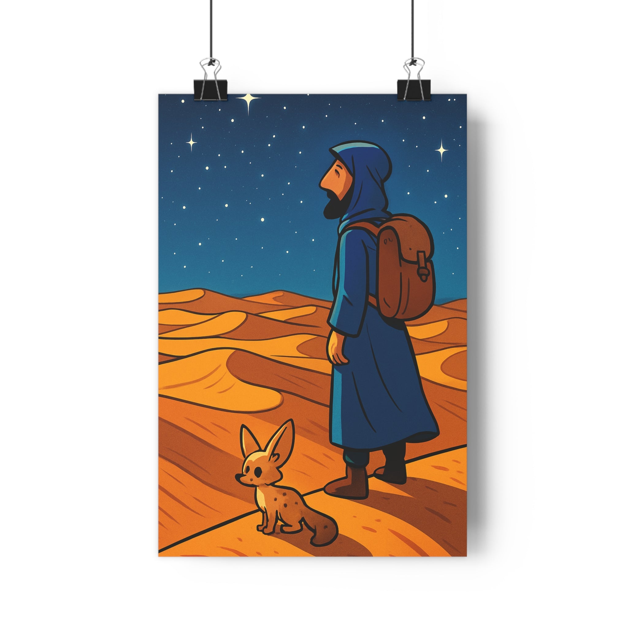 Poster décoratif aventure silhouette bleu ciel étoilé dunes dorées cartoon chambre ambiance unique qualité
