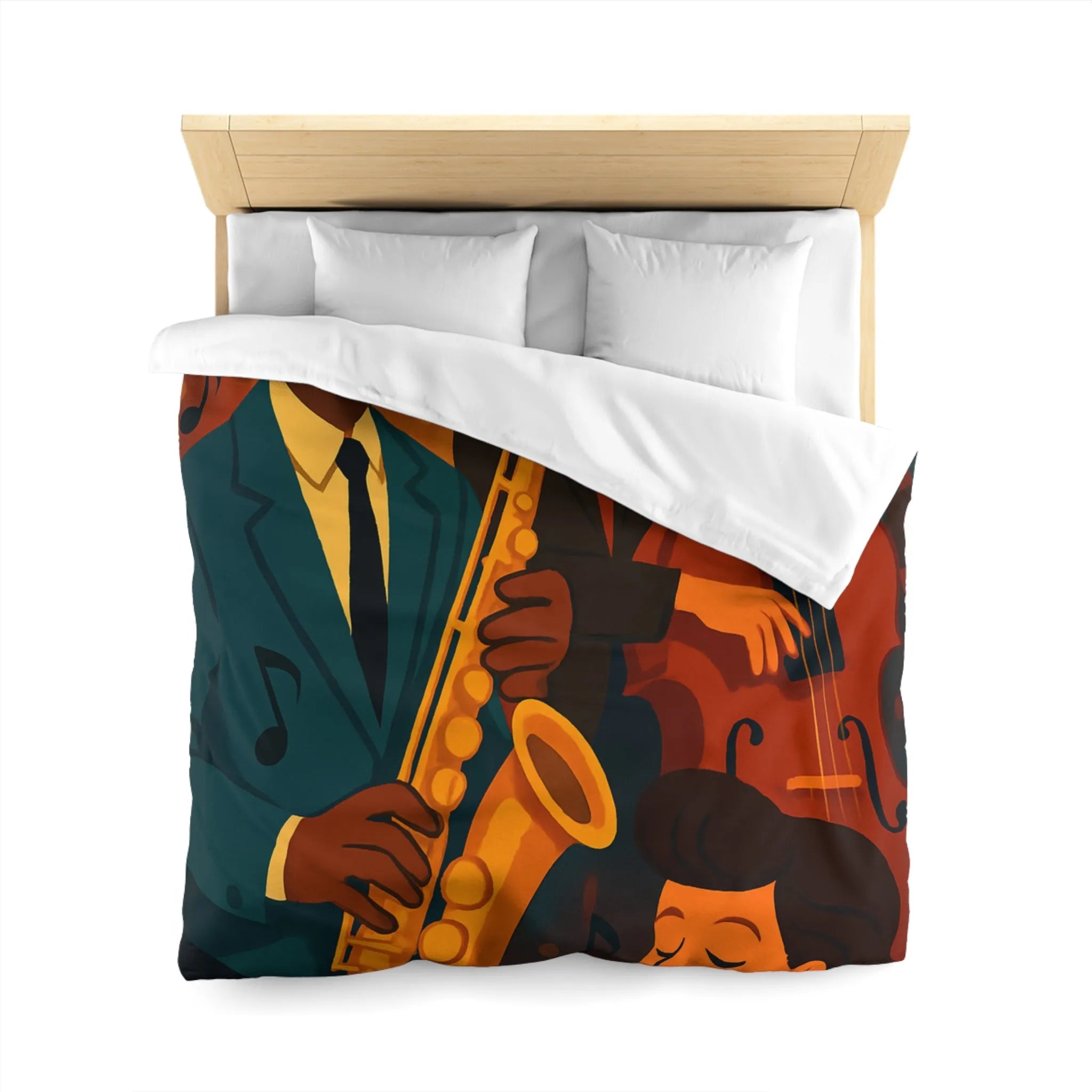 Housse de couette jazz rétro avec musiciens passionnés jouant du saxophone et contrebasse