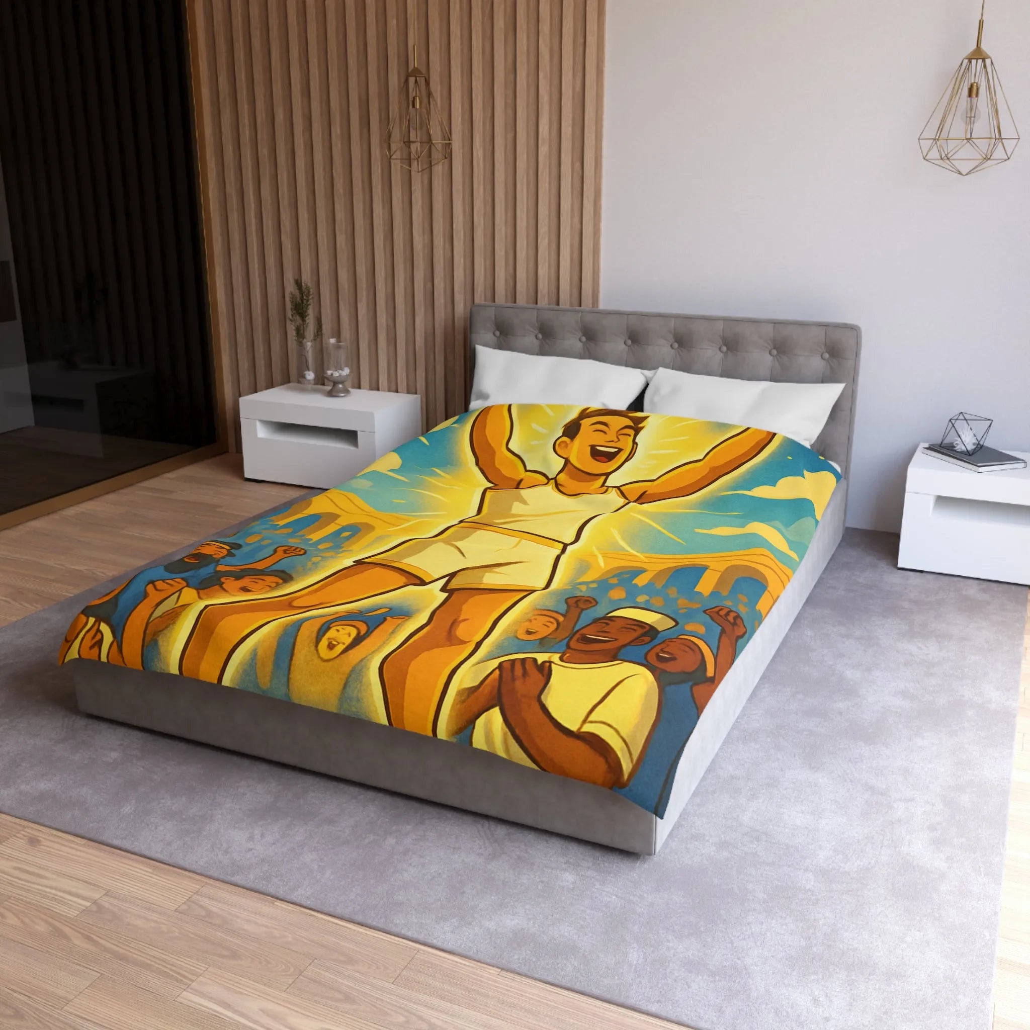 Housse de couette lumineuse avec athlète triomphant dans une arène ensoleillée vibrante