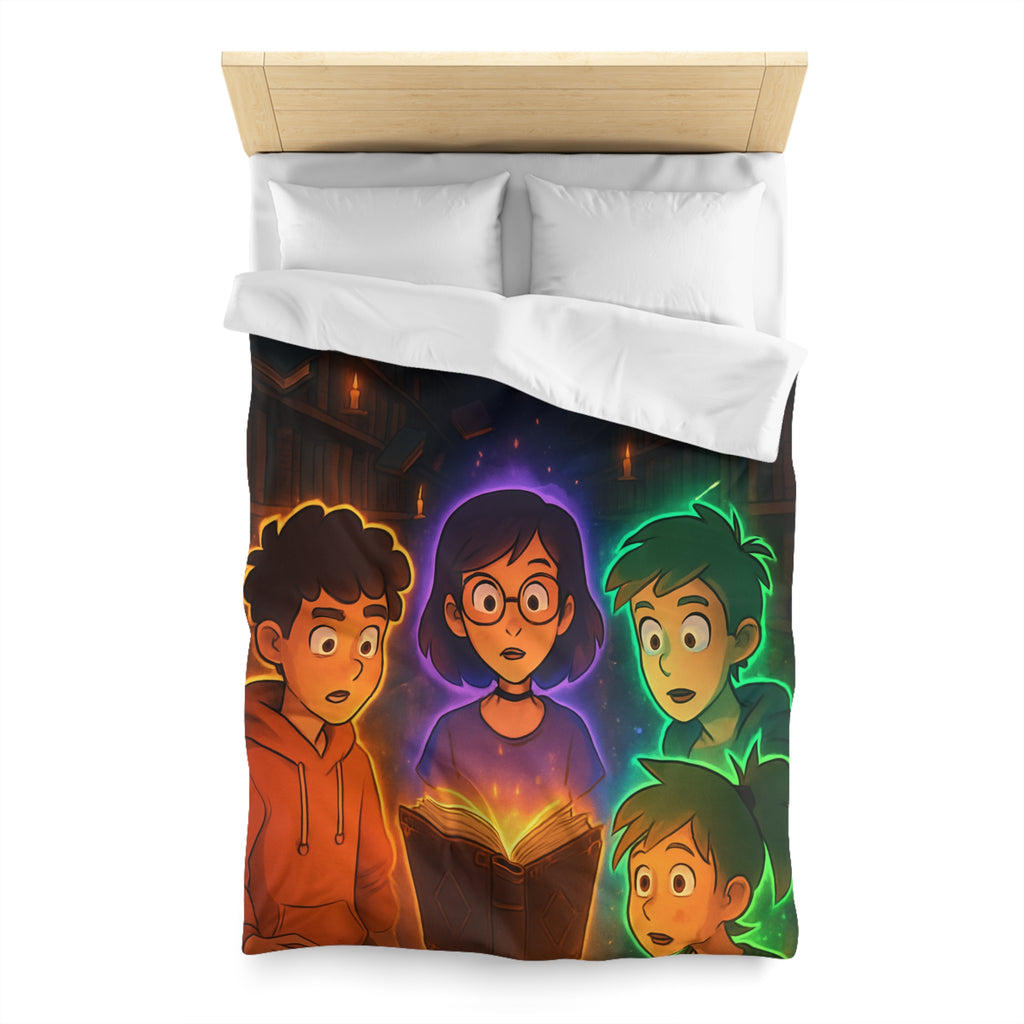 Housse de Couette Mystérieuse avec Enfants Découvrant Livre Magique dans Bibliothèque Enchantée