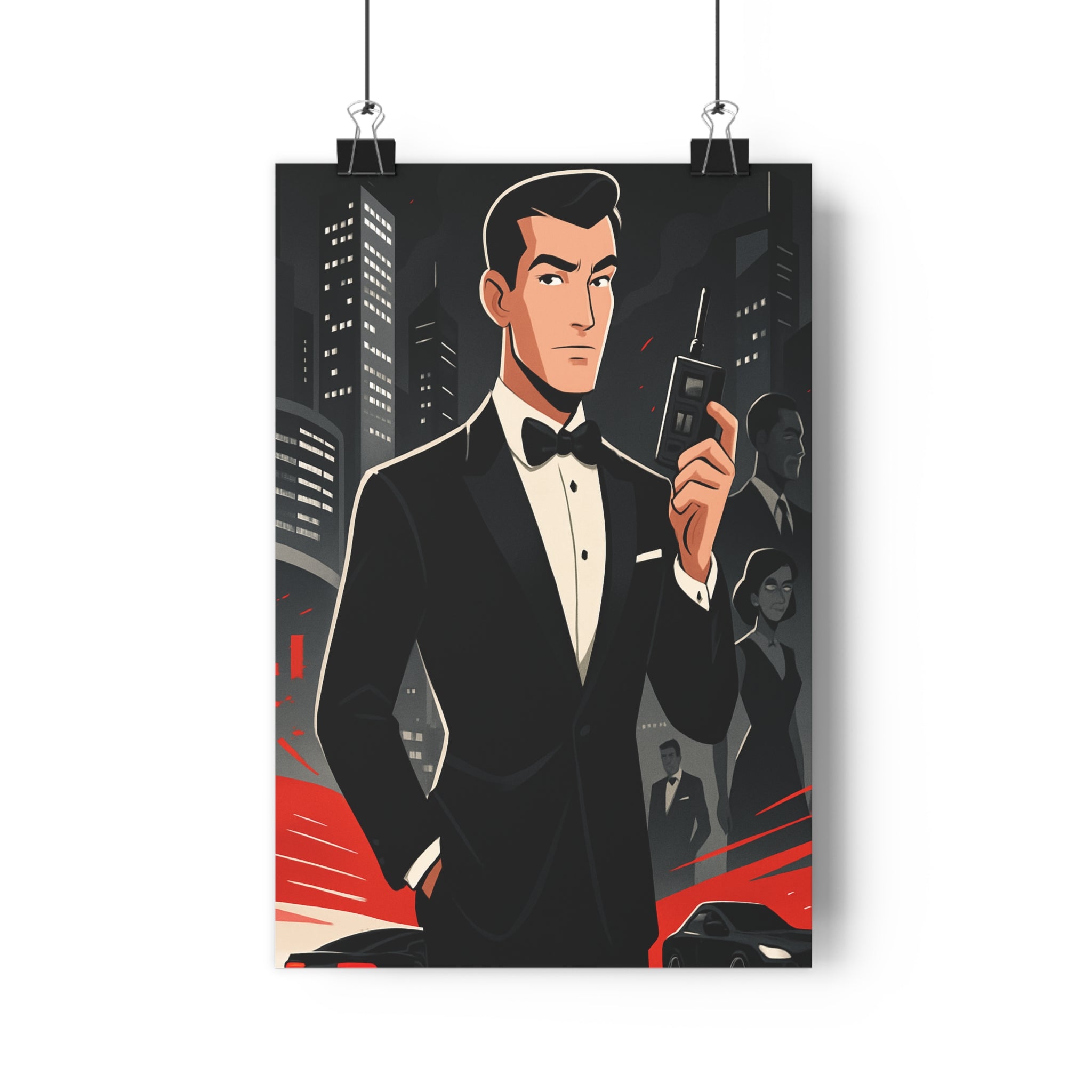 Poster décoratif cartoon rouge noir mystère élégant bureau salon format 30x46 homme gadget intrigue