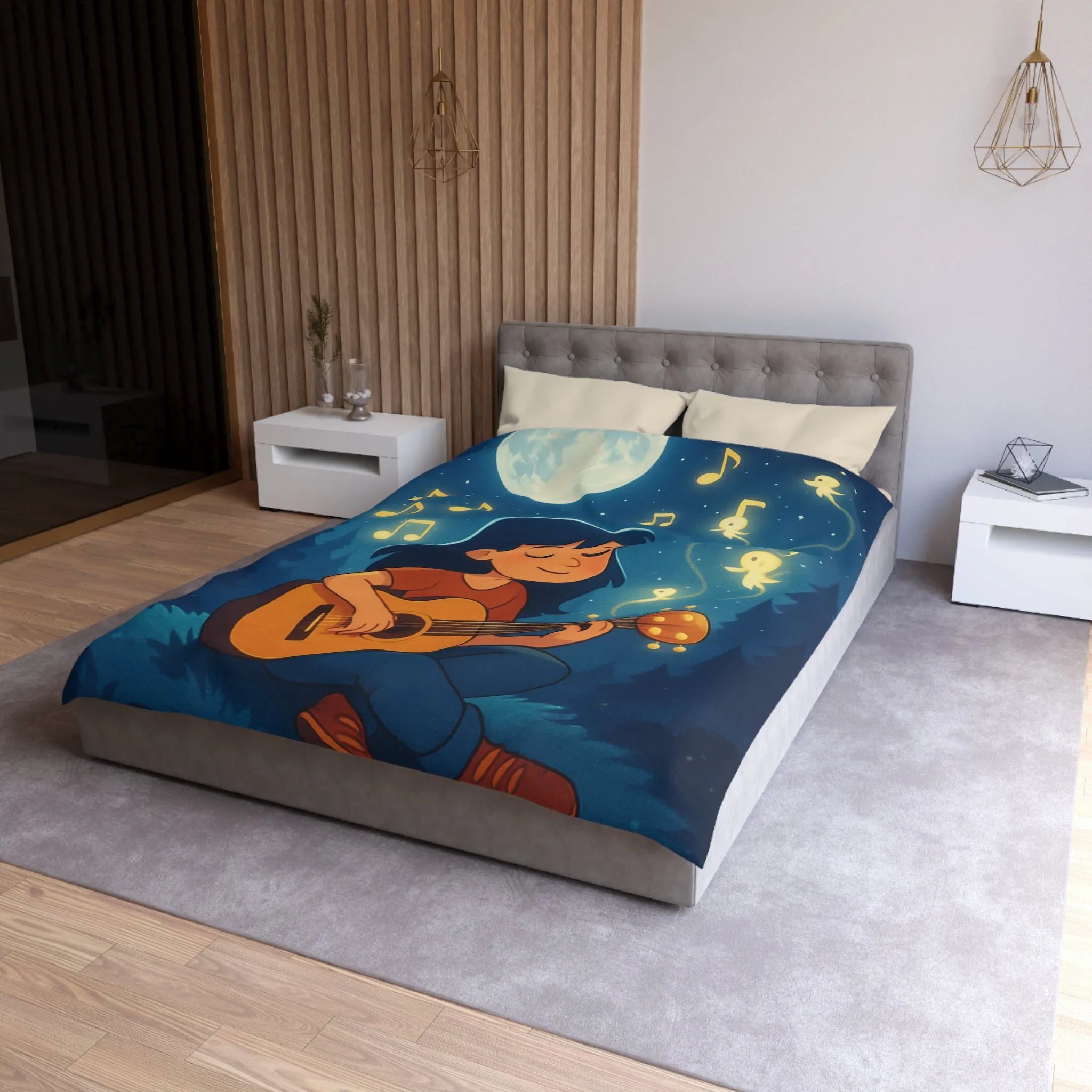 Housse de couette enchantée avec enfant jouant de la guitare sous la pleine lune
