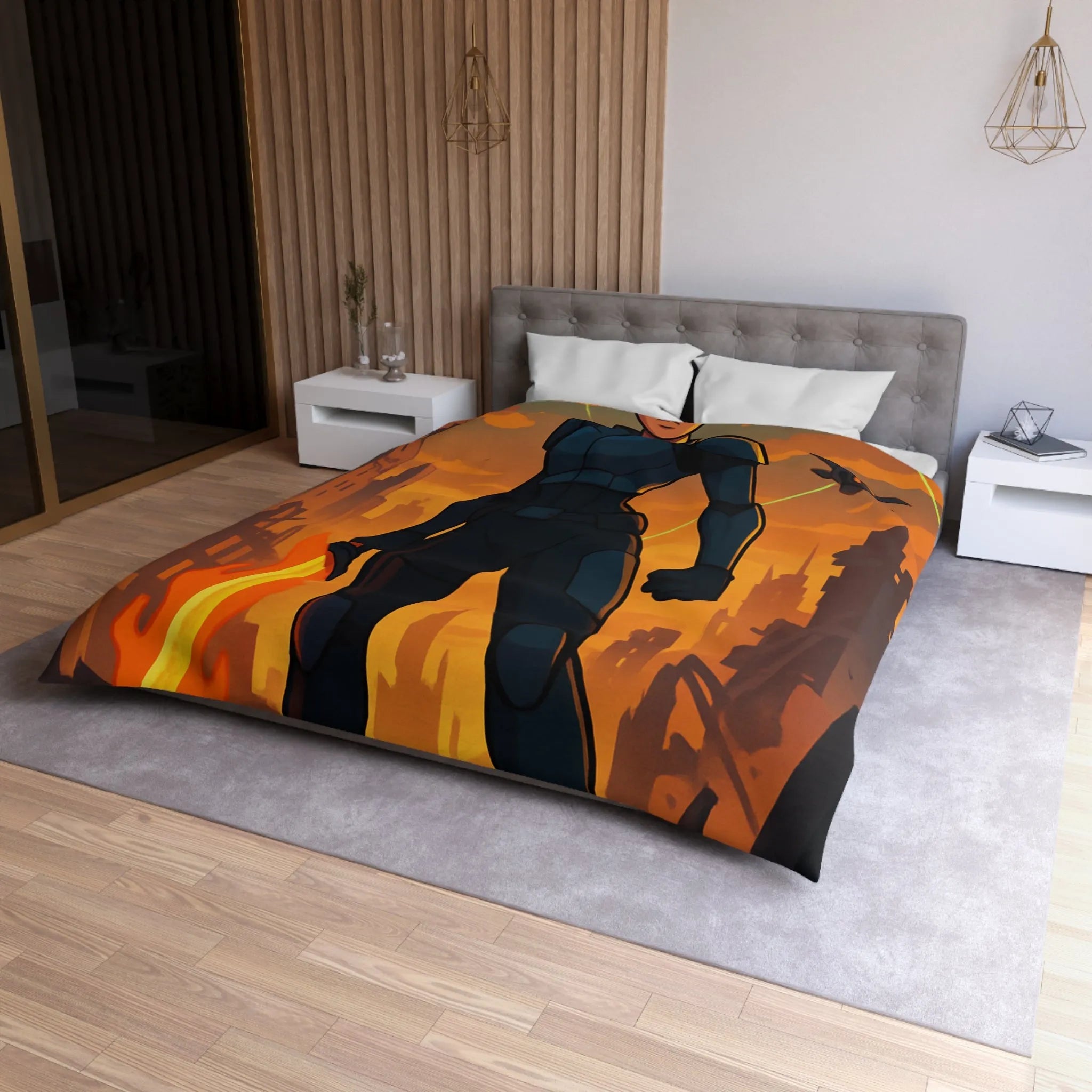 Housse de couette héroïque avec guerrier futuriste, drones volants et paysage apocalyptique