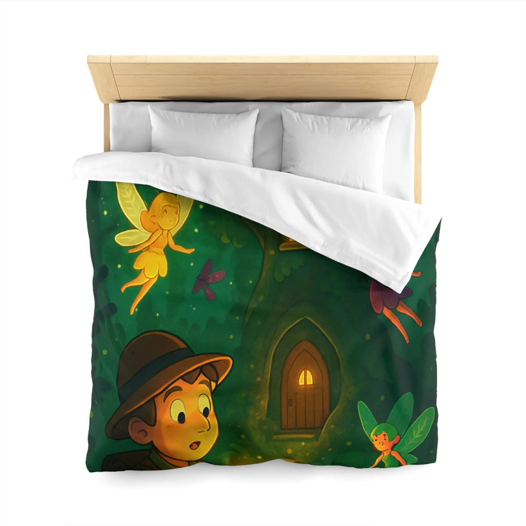 Housse de couette féerique forestière avec garçon aventurier et fées lumineuses