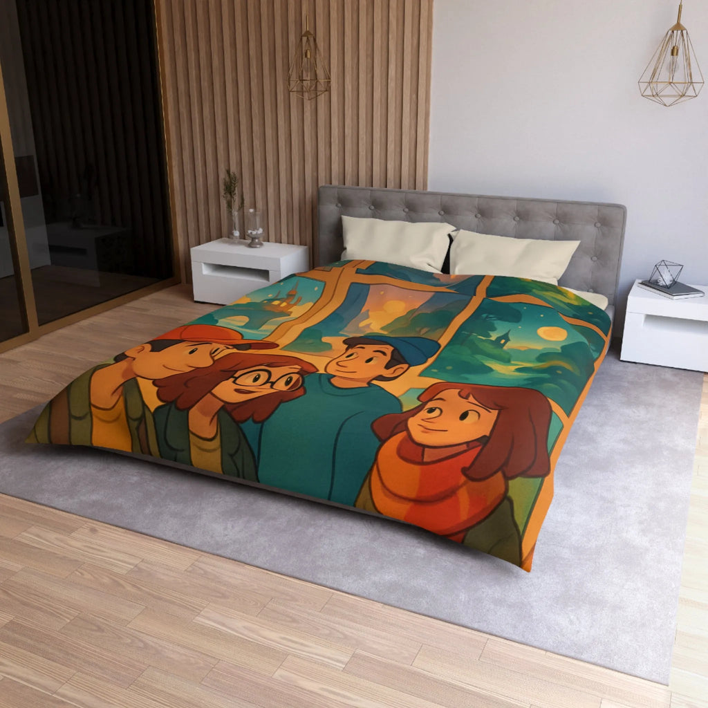 Housse de couette colorée avec paysages enchanteurs et personnages stylisés en exposition artistique
