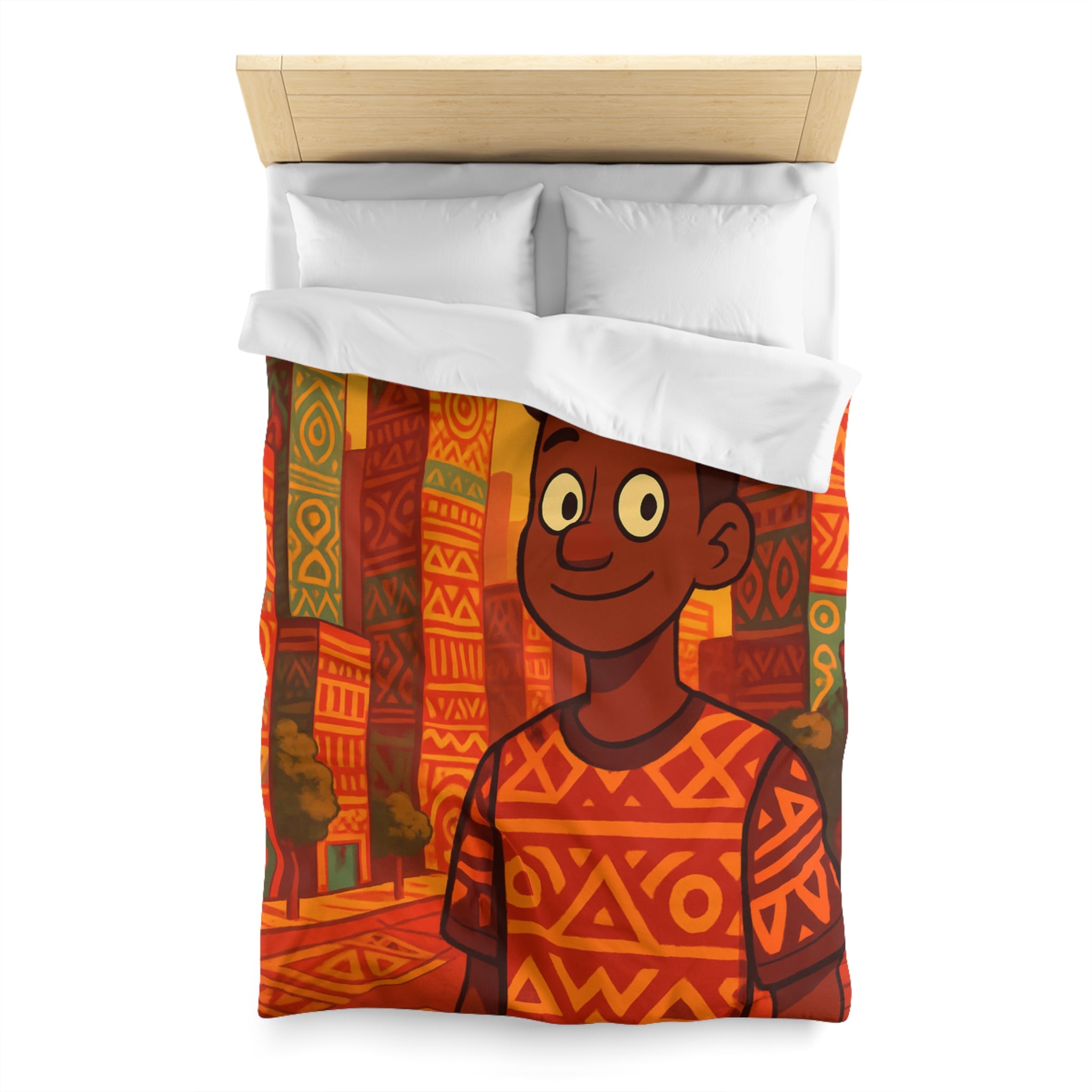 Housse de Couette Personnage Souriant avec Motifs Géométriques et Gratte-Ciel Colorés