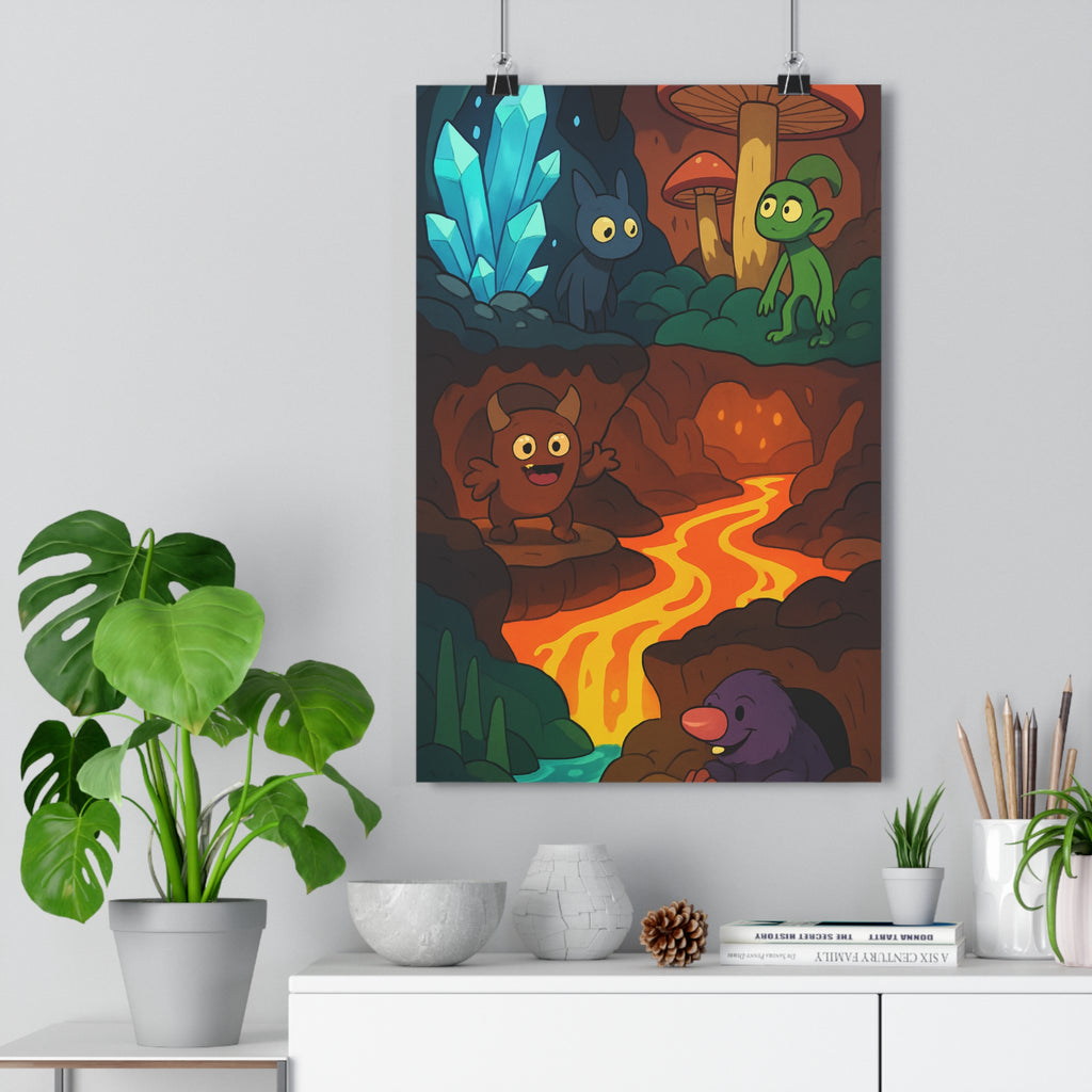Poster décoratif monde souterrain créatures fantastiques bleu vert marron violet cartoon enfant aventure lumineux