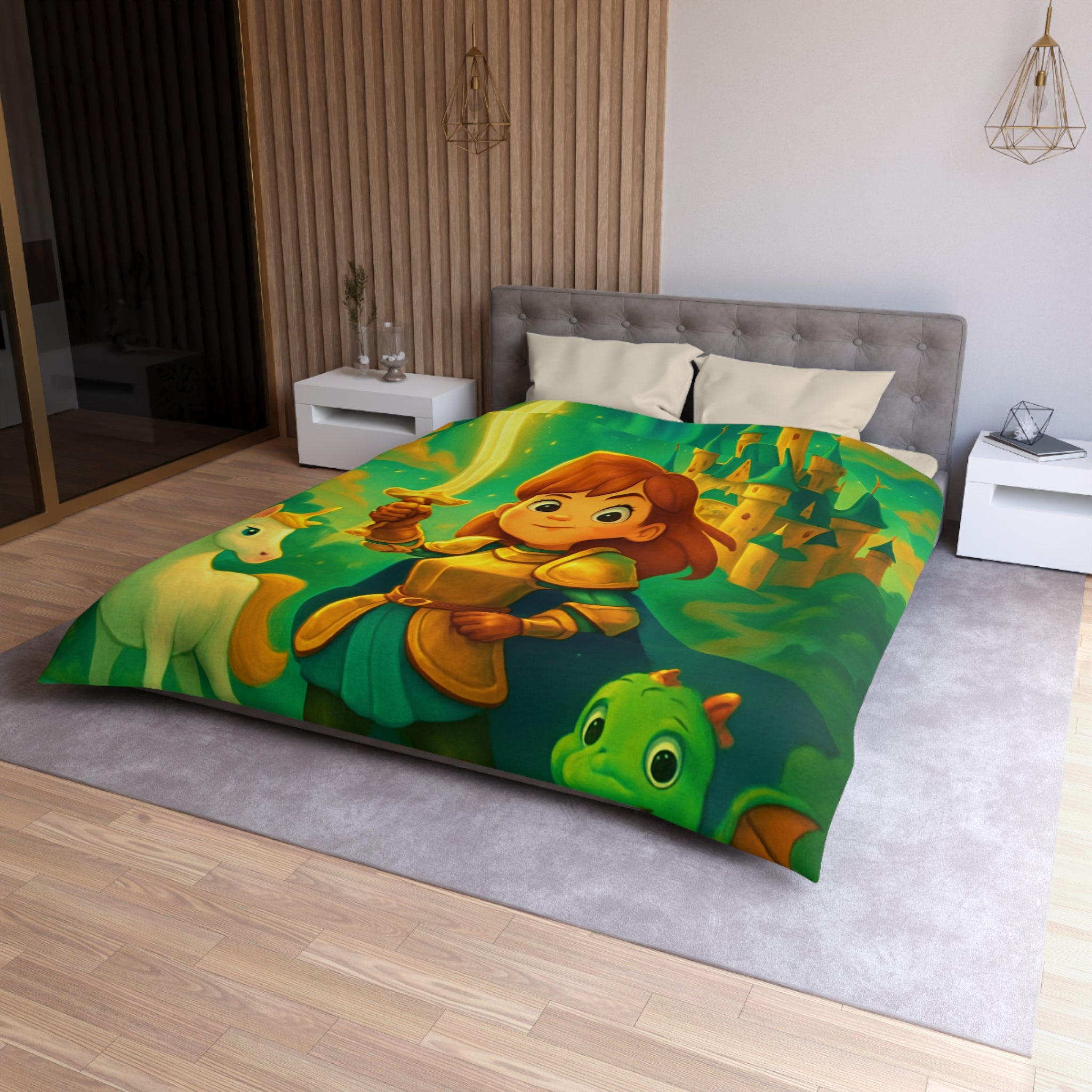 Housse de couette pour enfants avec chevalier, château et animaux fantastiques