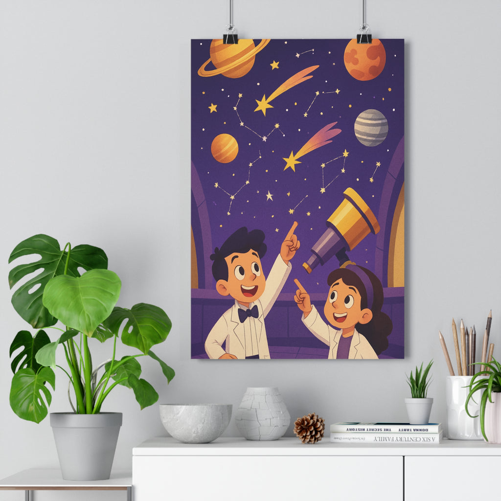 Poster décoratif cosmique violet orange jaune cartoon enfants chambre créatif inspirant étoiles planètes filantes