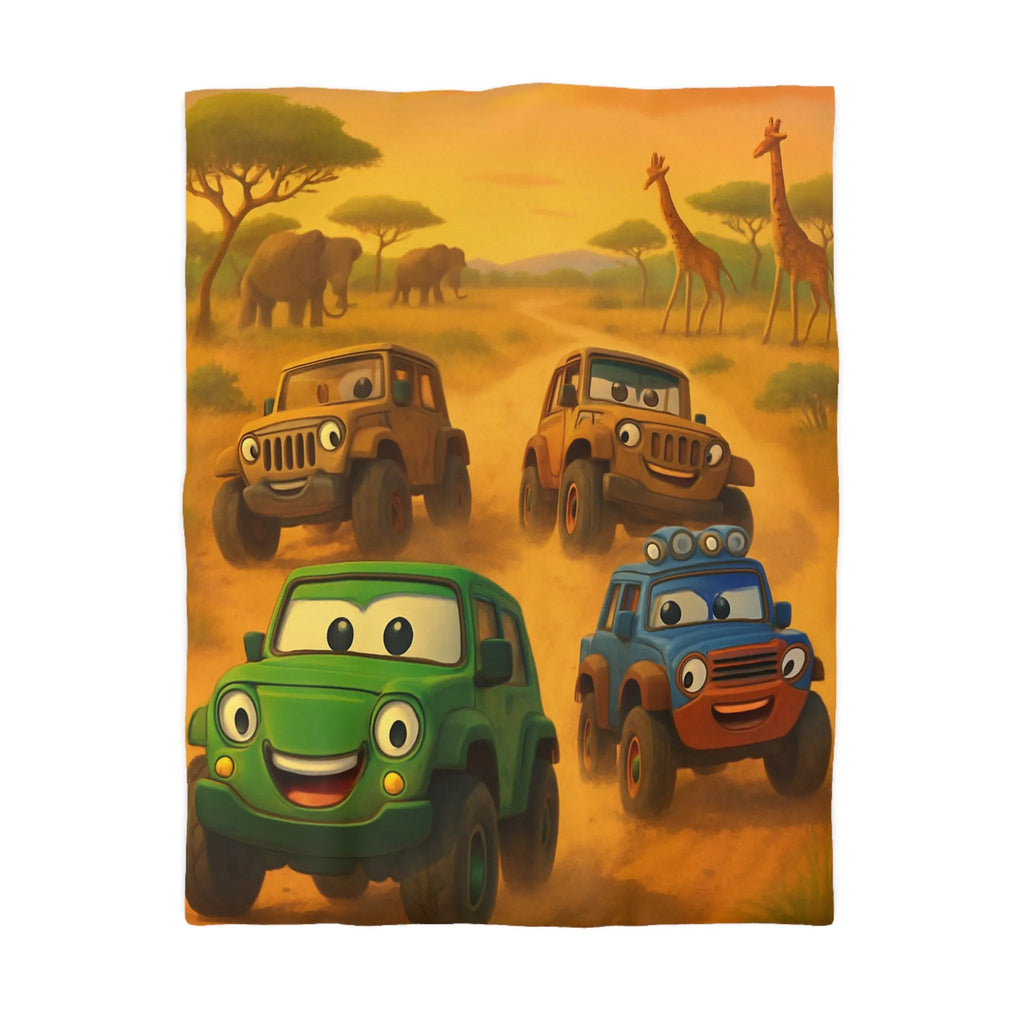 Housse de couette colorée safari savane avec voitures animales pour enfants joyeux