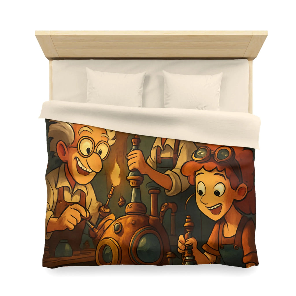 Housse de couette illustrée steampunk avec personnages inventeurs et machines dans atelier