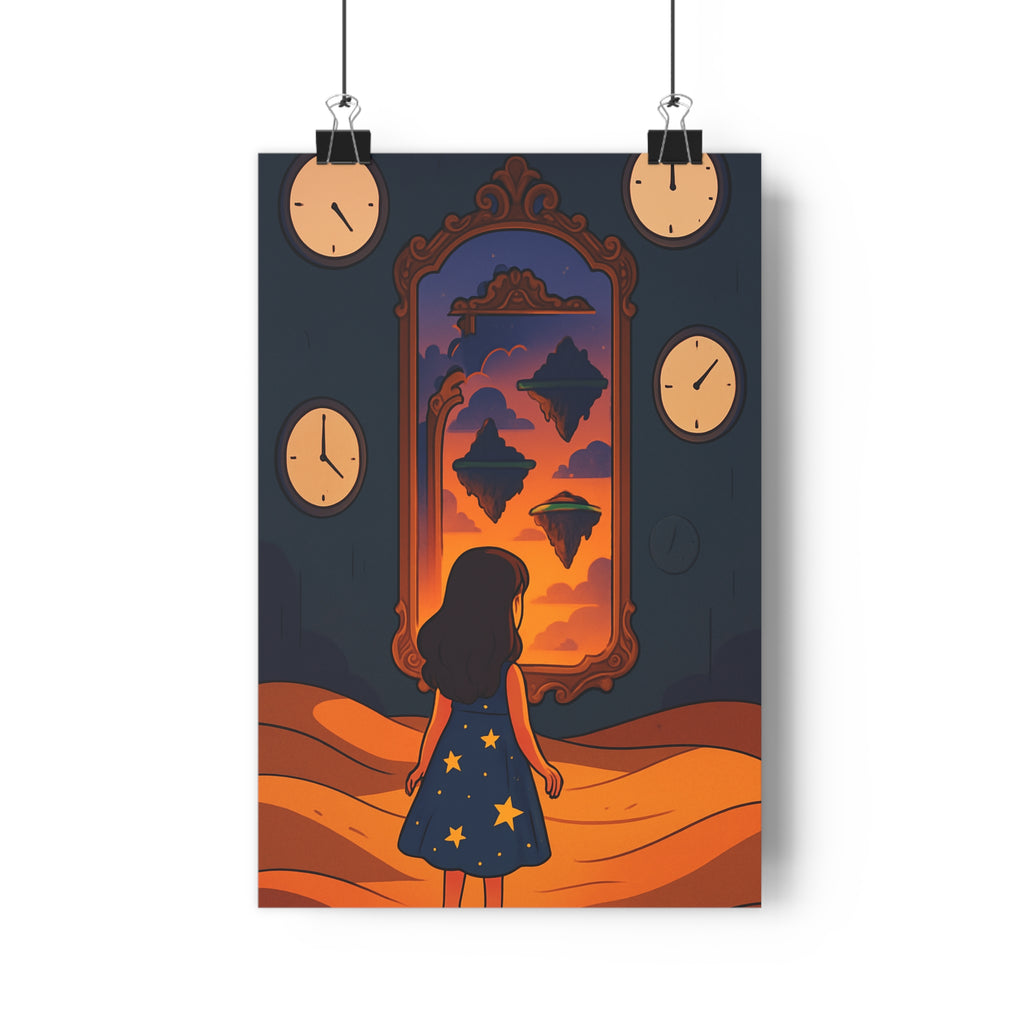 Poster décoratif surréaliste îles flottantes horloges salon chambre ambiance onirique coloré format 30x46 cm