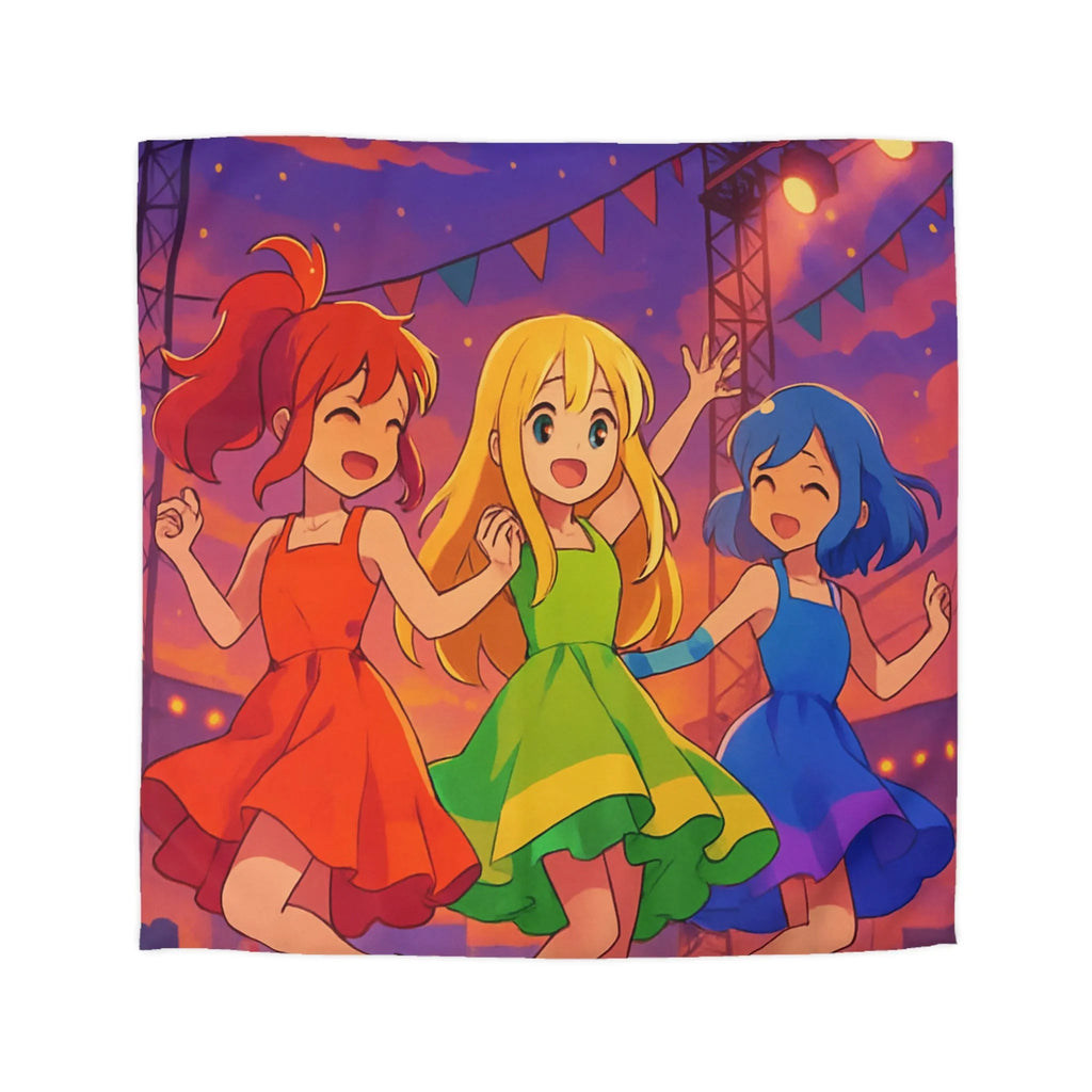 Housse de Couette Colorée avec Trois Amies Dansant sur une Scène Éclairée de Nuit