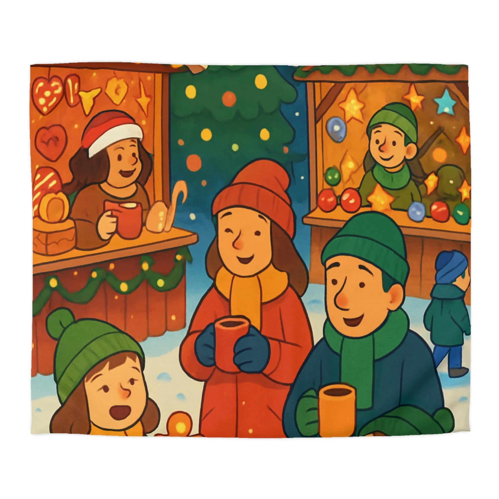 Housse de couette chaleureuse illustrant une scène festive de marché de Noël joyeux