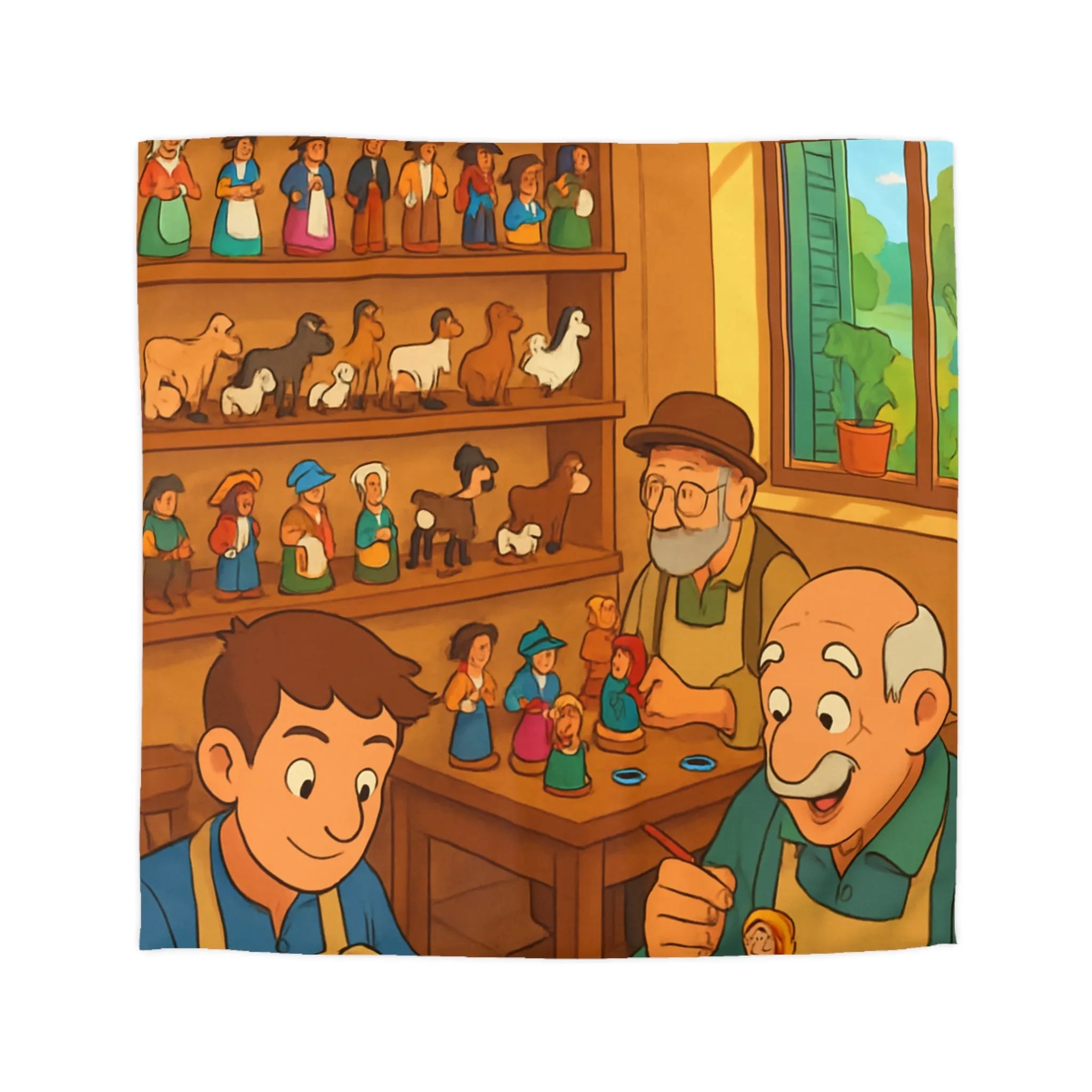 Housse de couette chaleureuse avec scène artisanale, figurines en bois colorées et personnages souriants