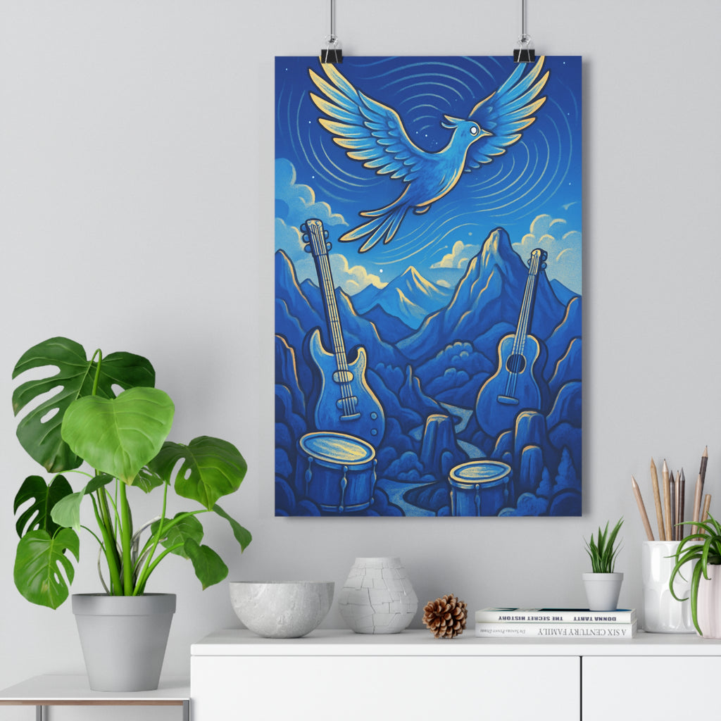 Poster décoratif paysage onirique bleu jaune salon musique rêve tranquillité vintage artistique élégant qualité