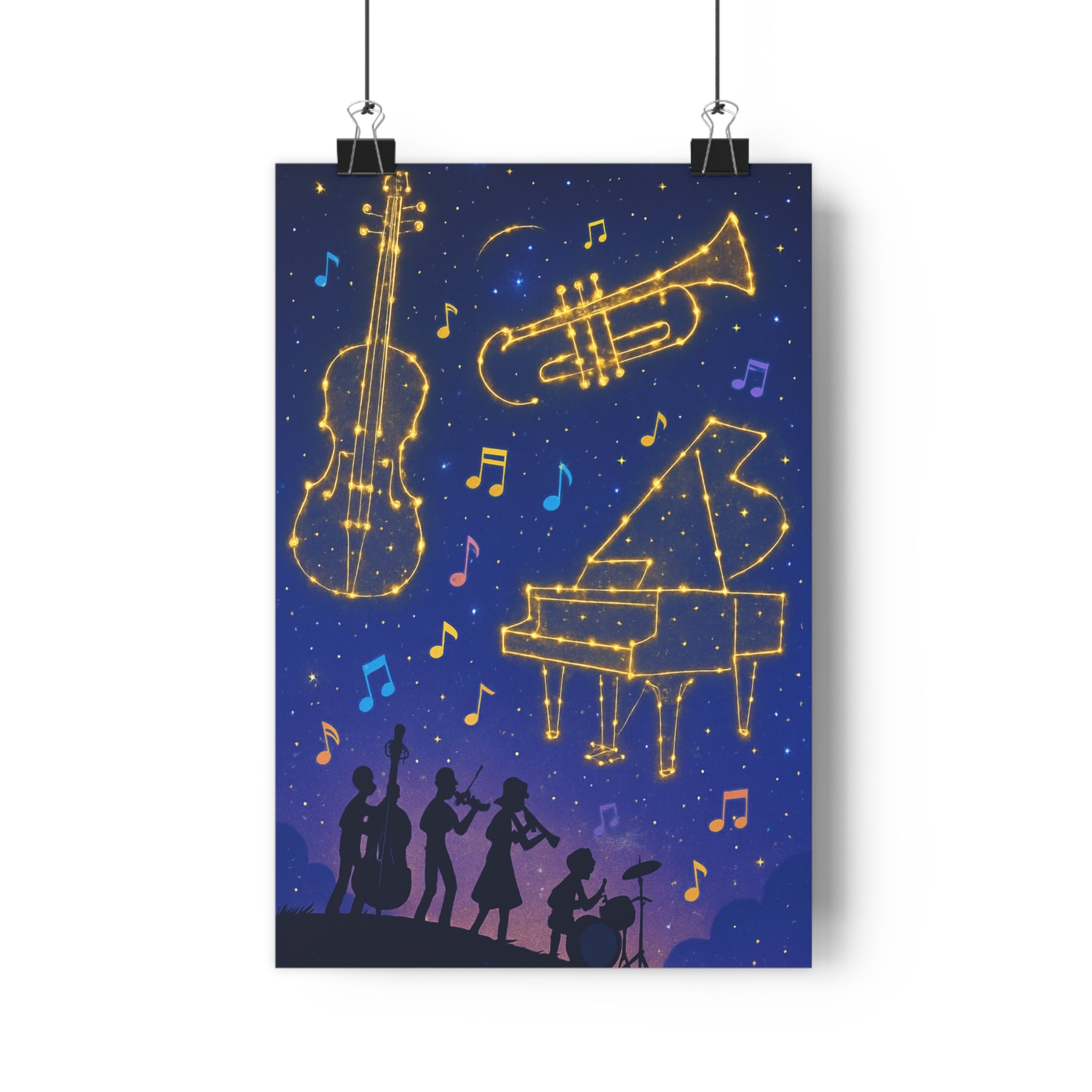 Poster décoratif cartoon ciel étoilé instruments musique magique nocturne chambre salon 30x46 cm vibrant