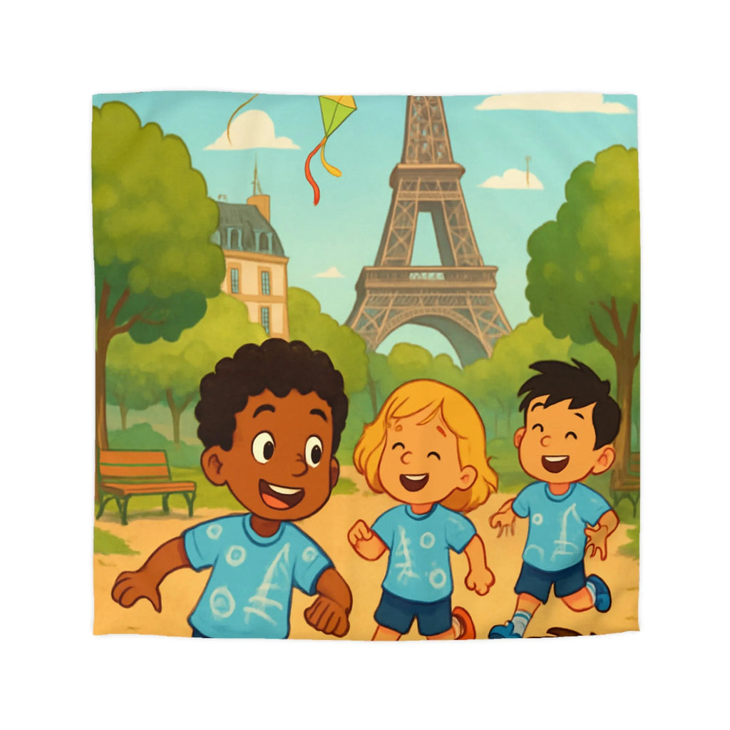 Housse de couette enfant avec tour iconique et cerfs-volants colorés en arrière-plan