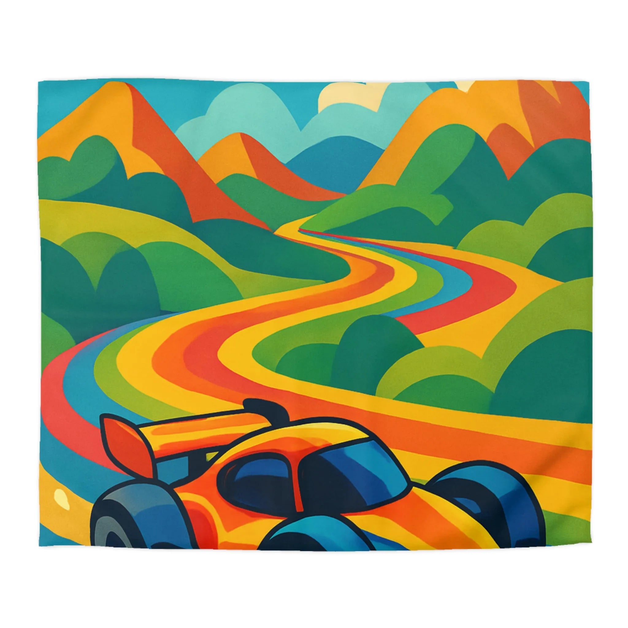 Housse de Couette Colorée avec Voiture de Course et Collines Arc-en-ciel Ensoleillées