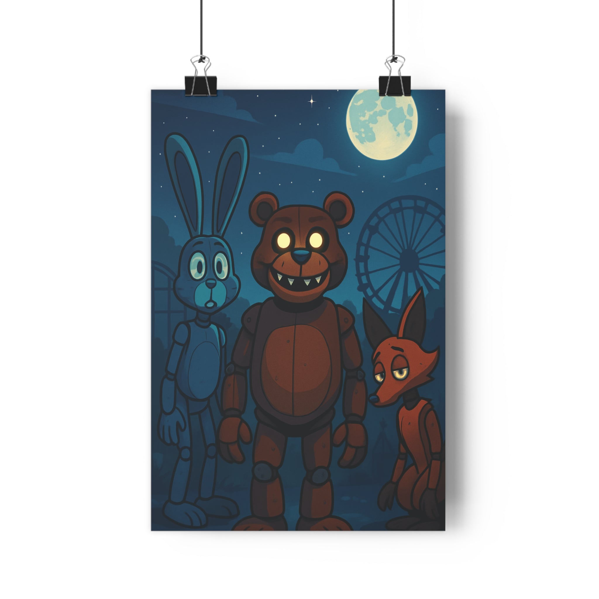 Poster décoratif cartoon ours brun lapin bleu renard rouge mystique chambre enfant nuit étoilée