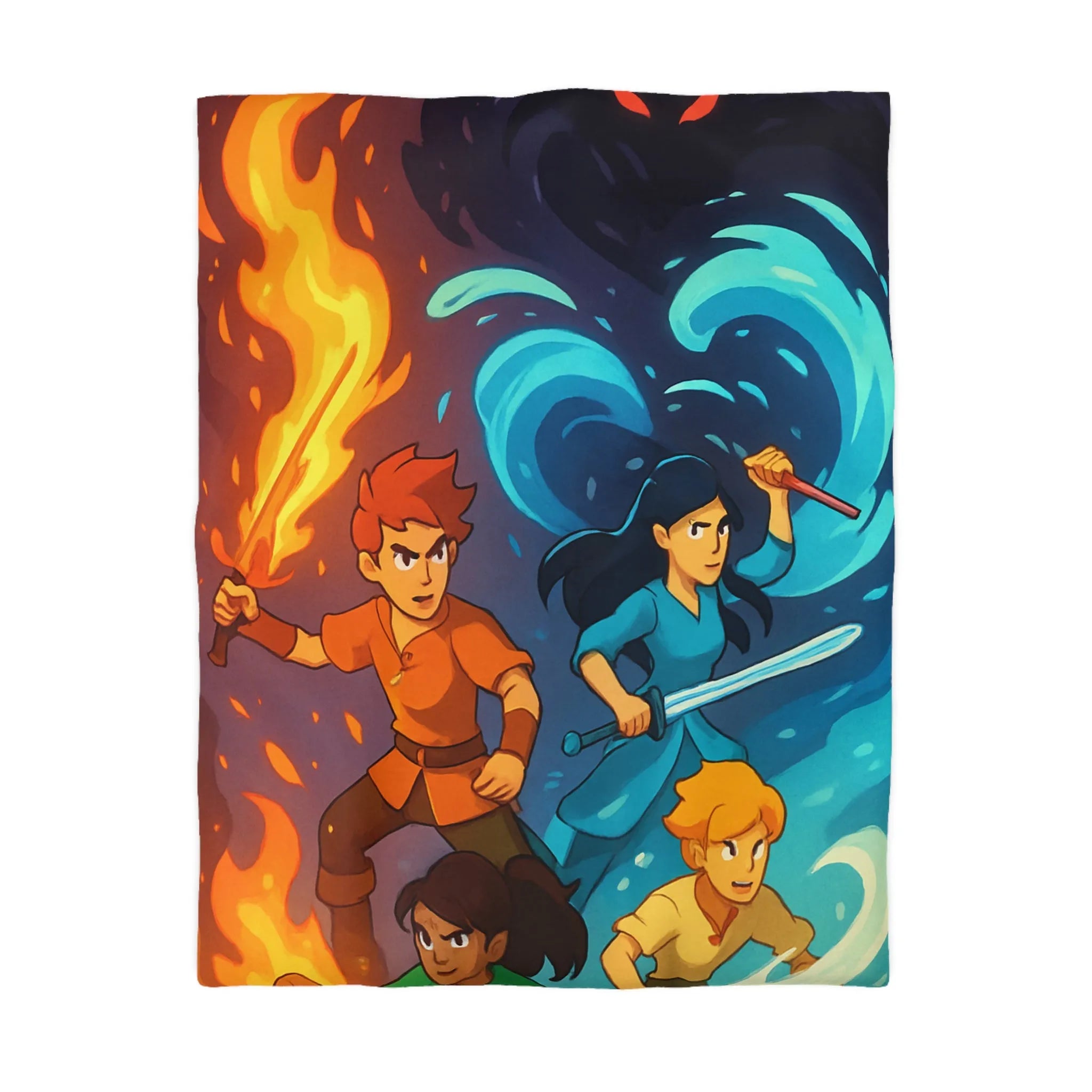 Housse de couette épique avec quatre jeunes héros maîtrisant les éléments pour RPG aventure