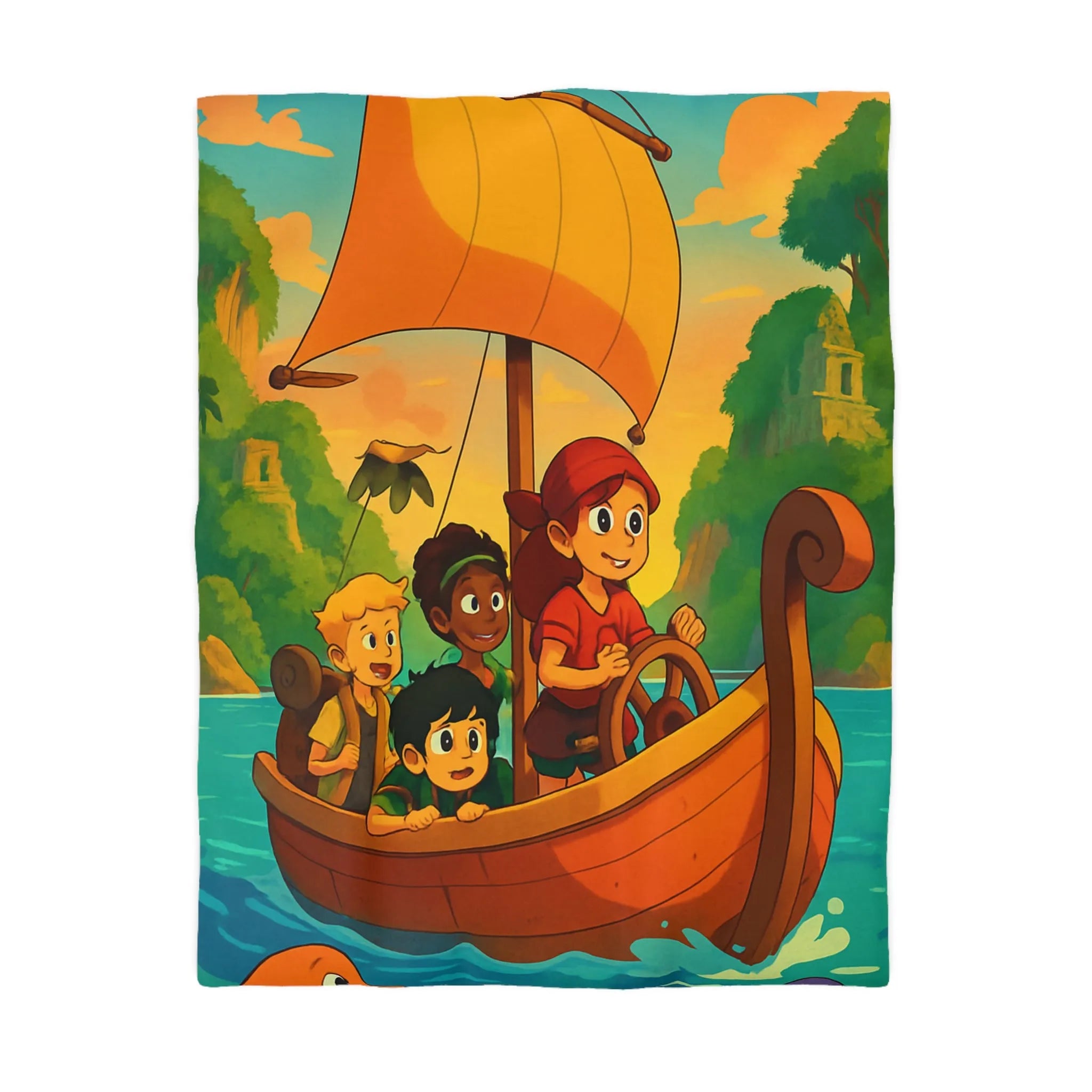 Housse de couette enfantine avec bateau, amis et animaux marins, ambiance tropicale vive