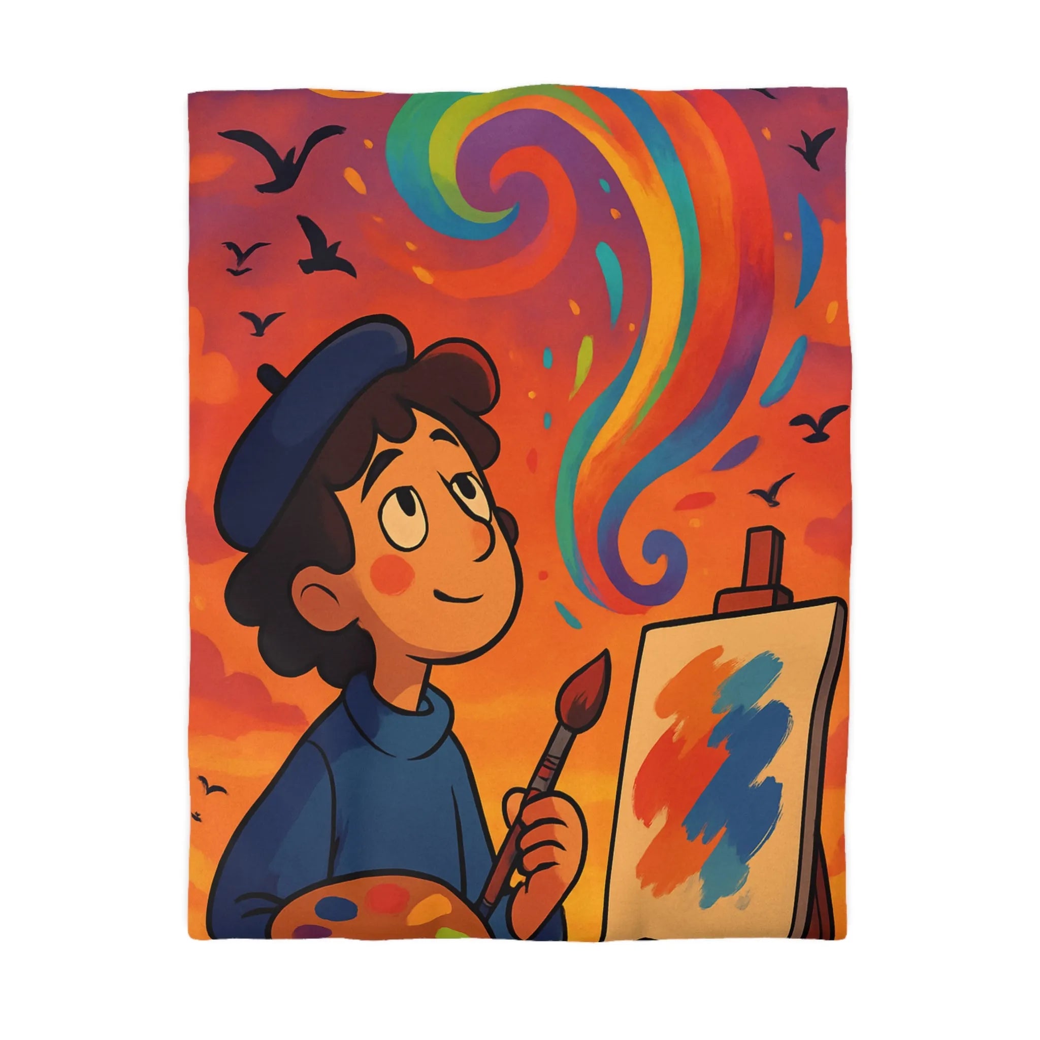 Housse de couette colorée avec artiste rêveur peignant sous ciel vibrant au crépuscule