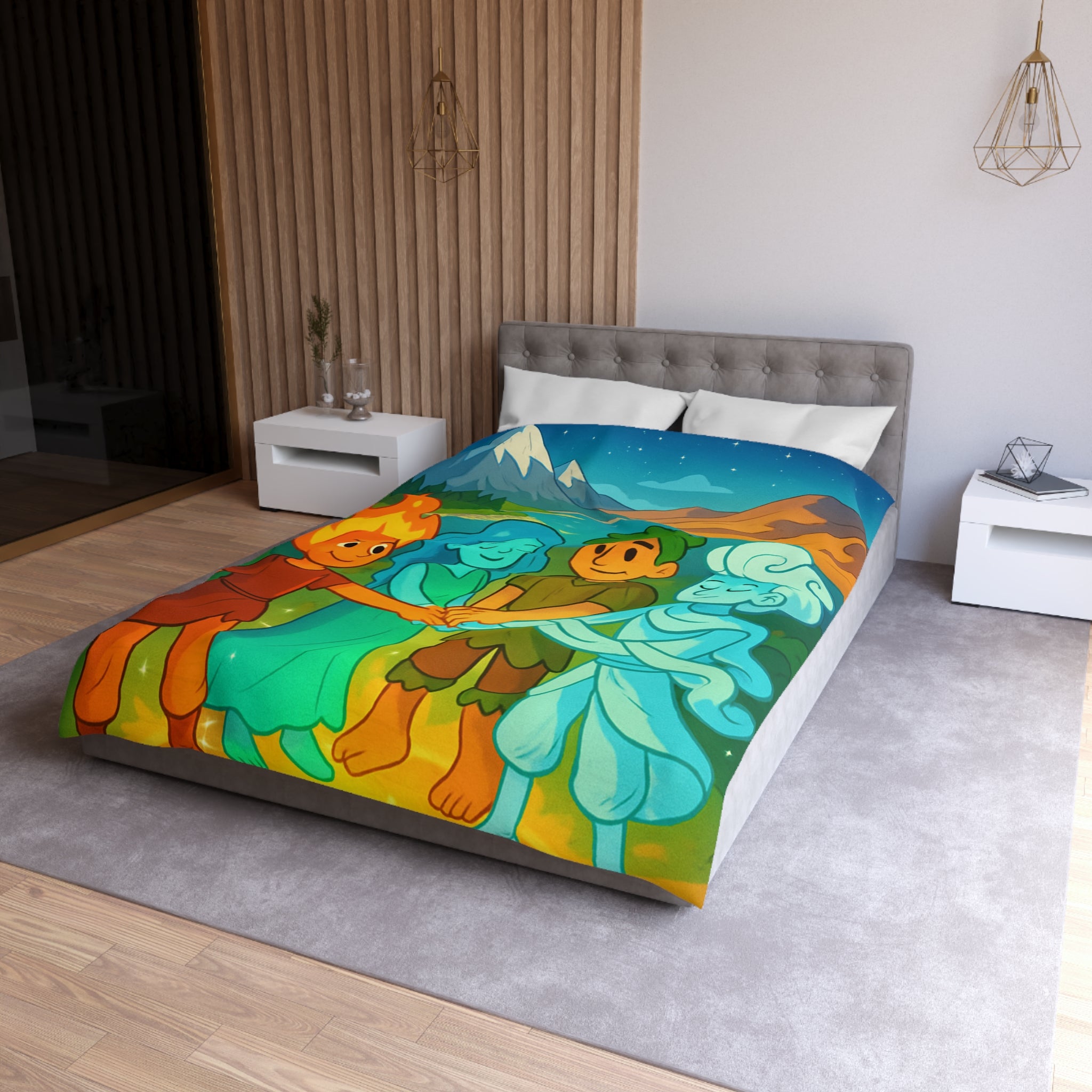 Housse de Couette Nature Enchantée avec Éléments Terre, Feu, Air et Eau Unifiés