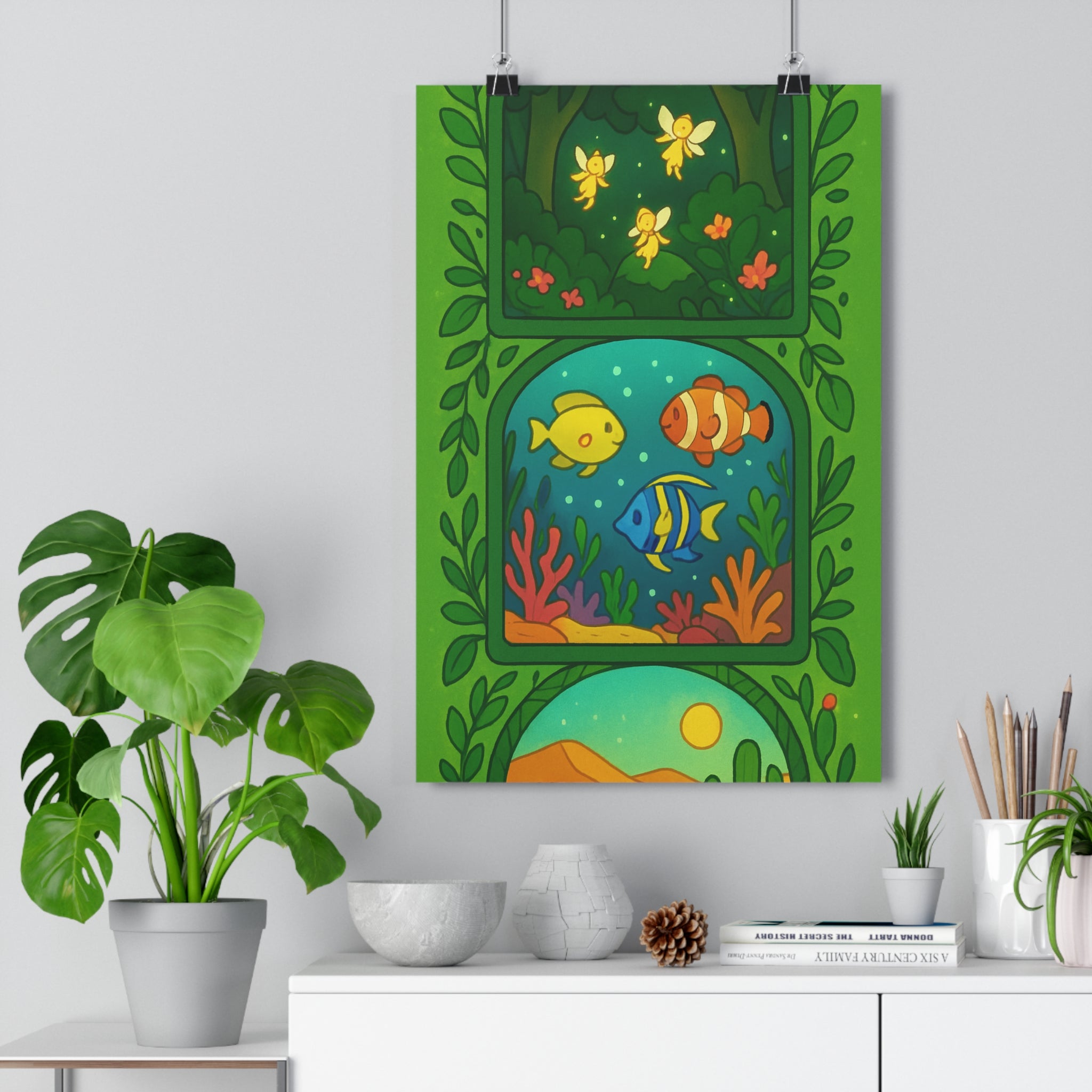 Poster décoratif féerique nature vert rose mystique salon chambre enfant artistique captivant vibrant lumineux