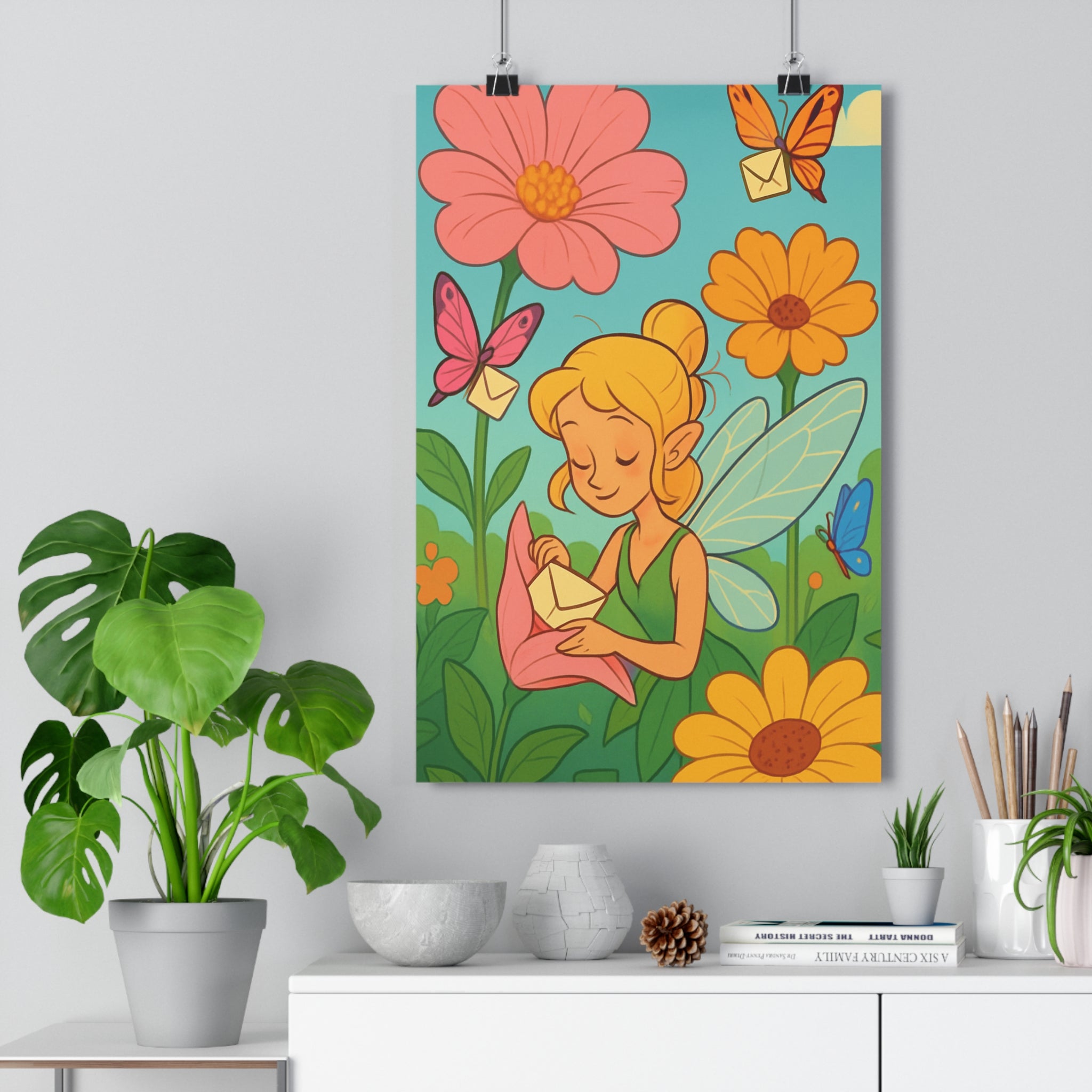 Poster décoratif féerique pastel fée papillon fleurs rose orange chambre enfant ambiance lumineuse qualité