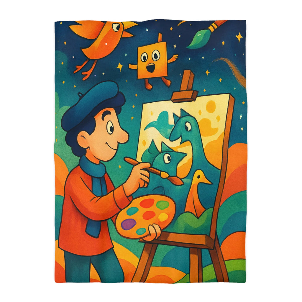 Housse de couette artistique colorée avec peintre et créatures fantaisistes en arrière-plan étoilé