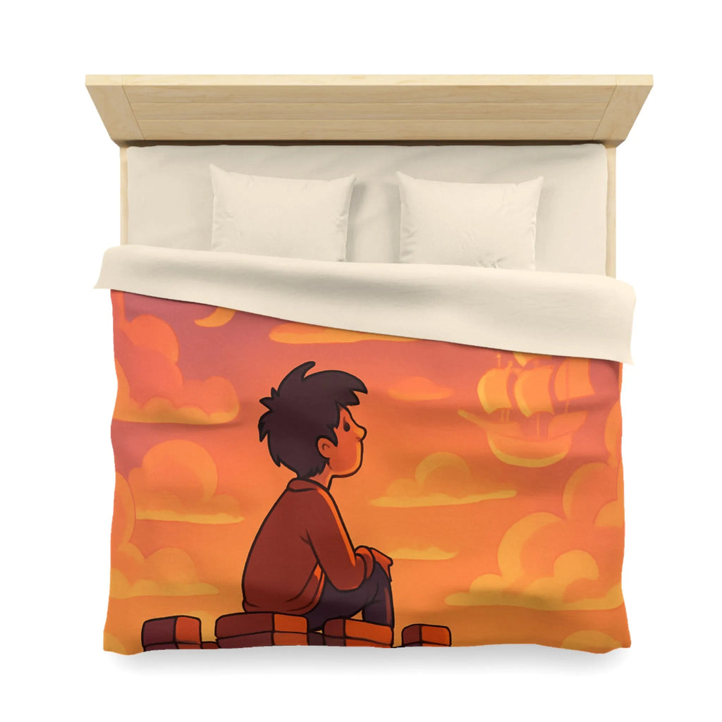 Housse de couette fantastique avec château, dragon et nuages pour enfants rêveurs