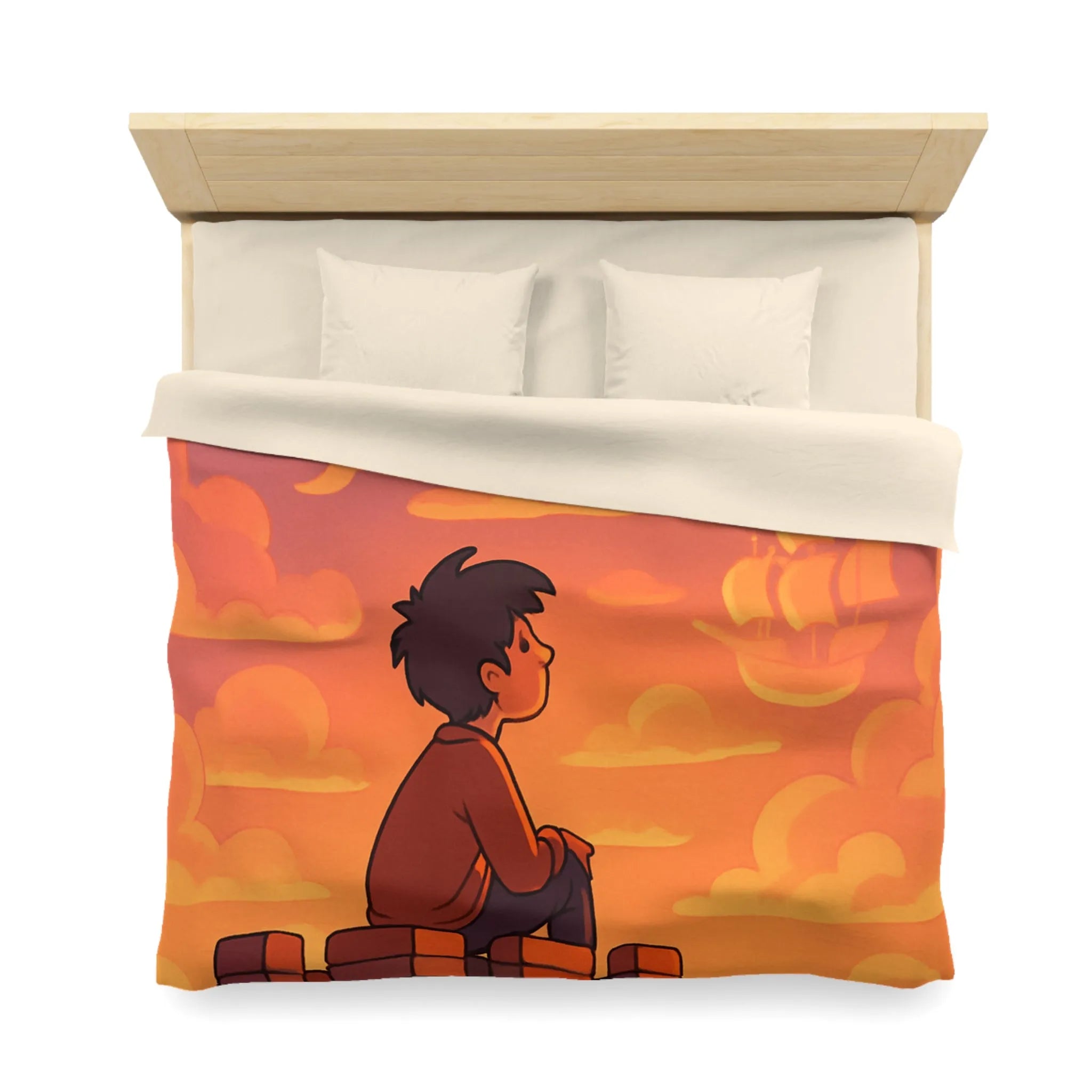 Housse de couette fantastique avec château, dragon et nuages pour enfants rêveurs