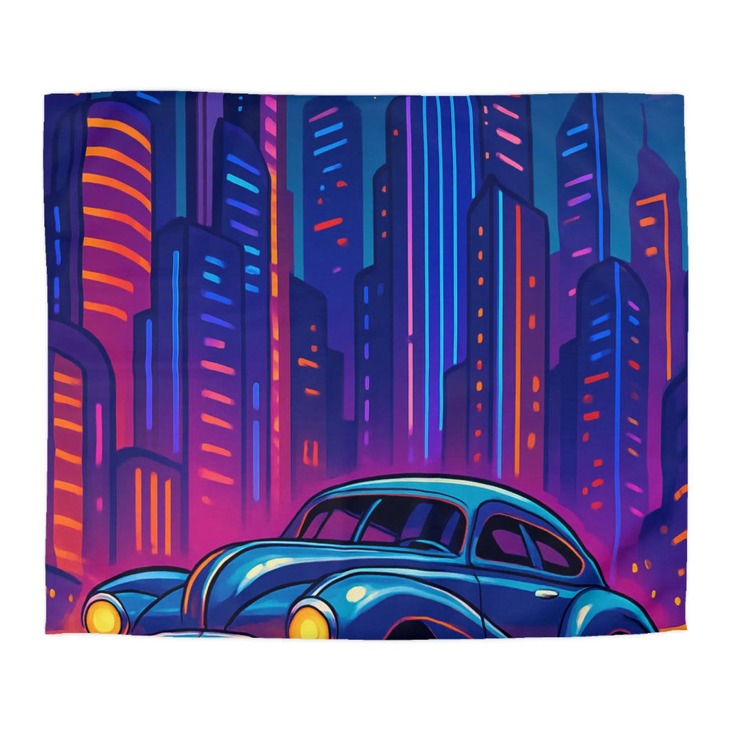Housse de Couette Futuriste avec Voiture Vintage et Ville Lumineuse Style Néon