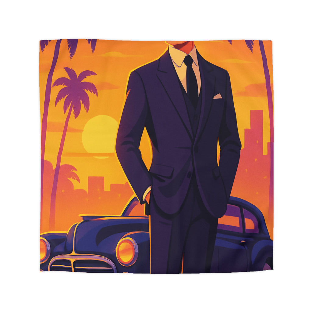 Housse de couette vintage avec homme élégant devant voiture classique au coucher du soleil