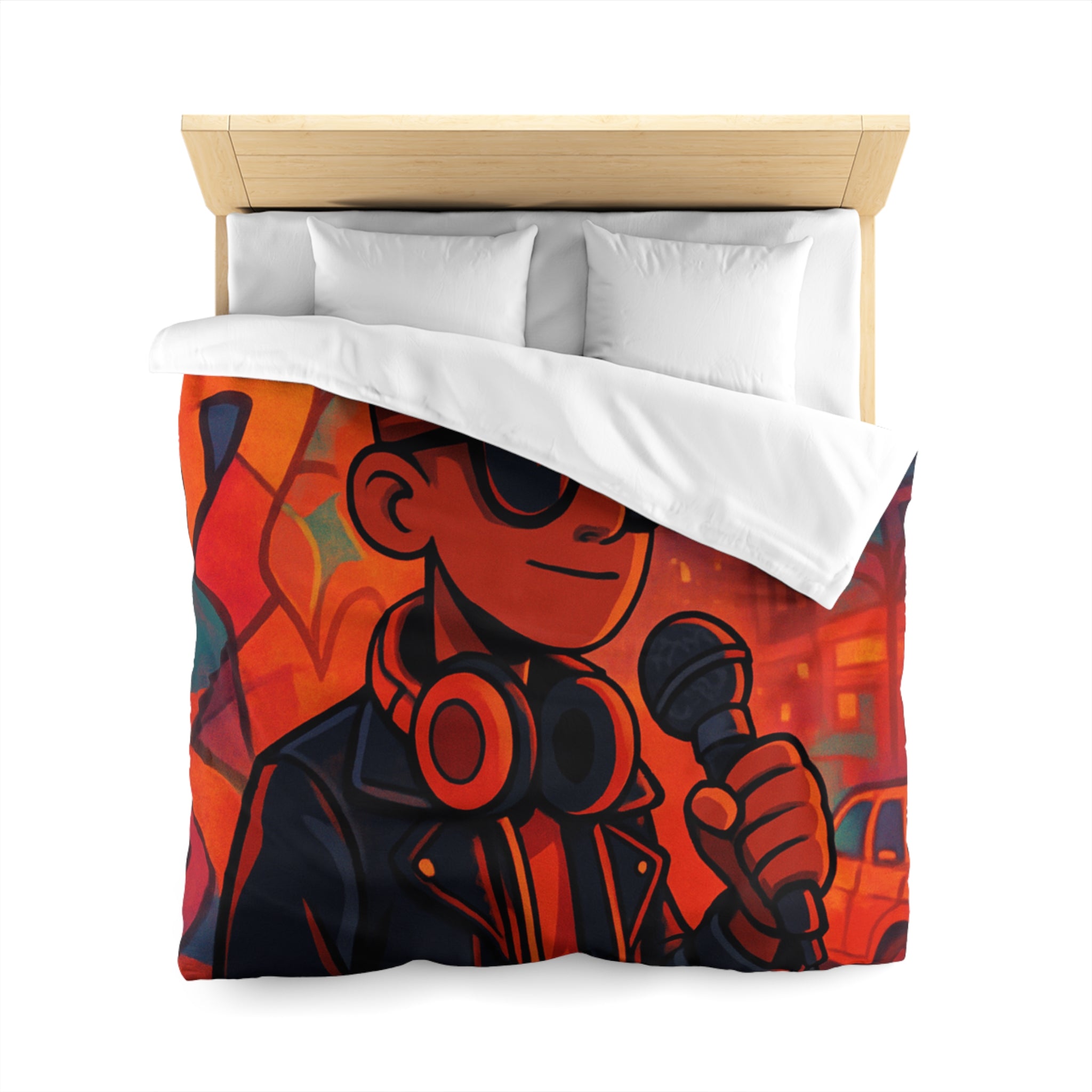 Housse de couette urbaine rétro avec chanteur hip-hop et graphismes vibrants de ville