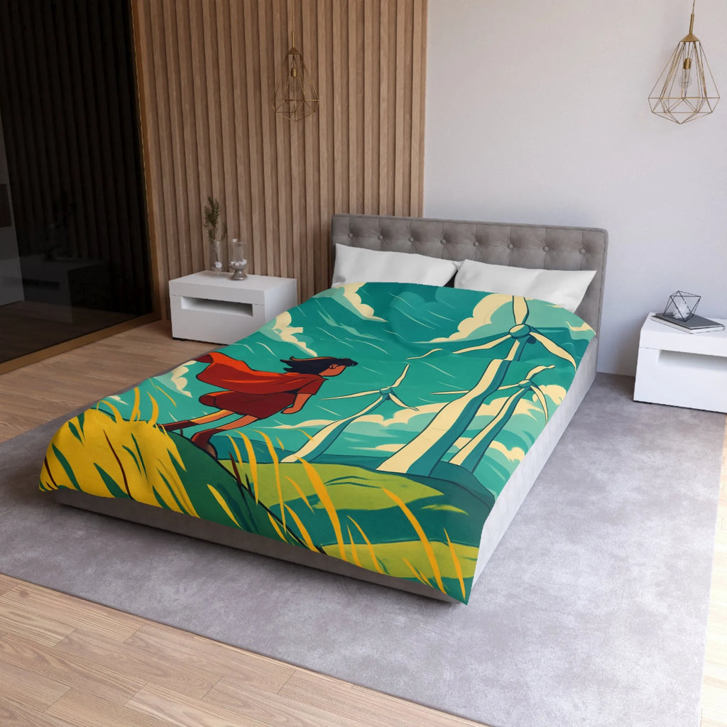 Housse de Couette Enfant avec Éoliennes et Paysage Venté Rouge et Bleu