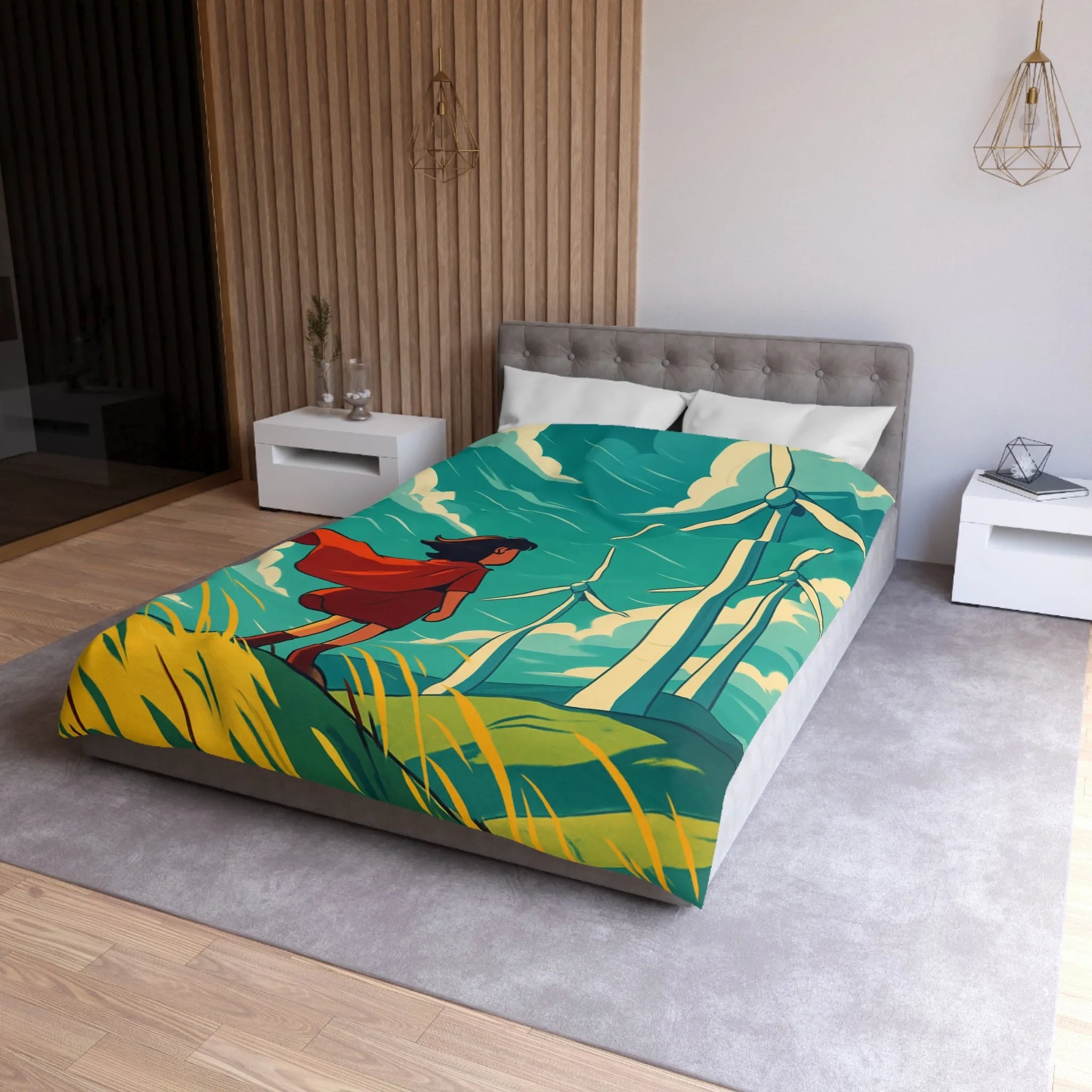 Housse de Couette Enfant avec Éoliennes et Paysage Venté Rouge et Bleu