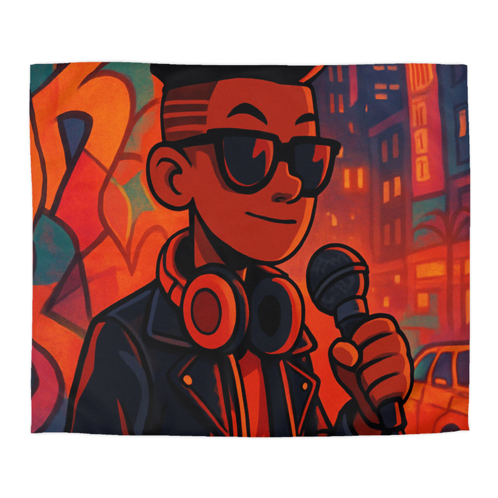 Housse de couette urbaine rétro avec chanteur hip-hop et graphismes vibrants de ville