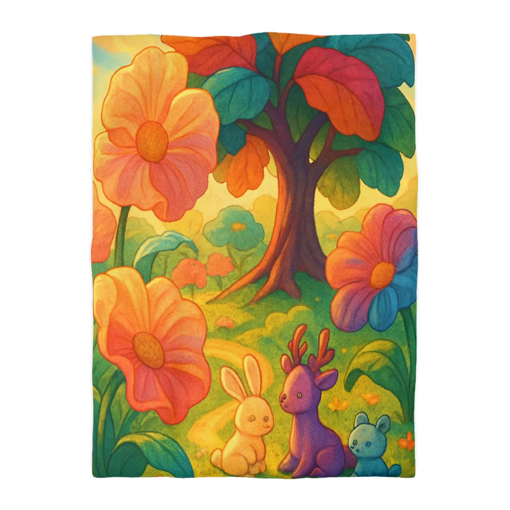 Housse de couette avec animaux mignons et fleurs colorées dans une forêt féerique