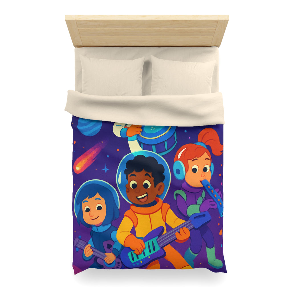 Housse de couette spatiale colorée avec enfants musiciens et planètes virevoltantes