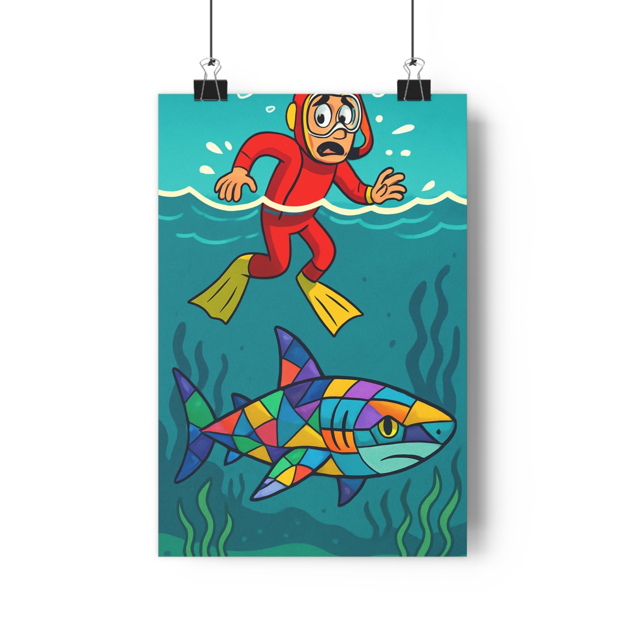 Poster décoratif moderne rouge graphique requin dynamique ludique intérieur chambre salon 30x46 design contemporain