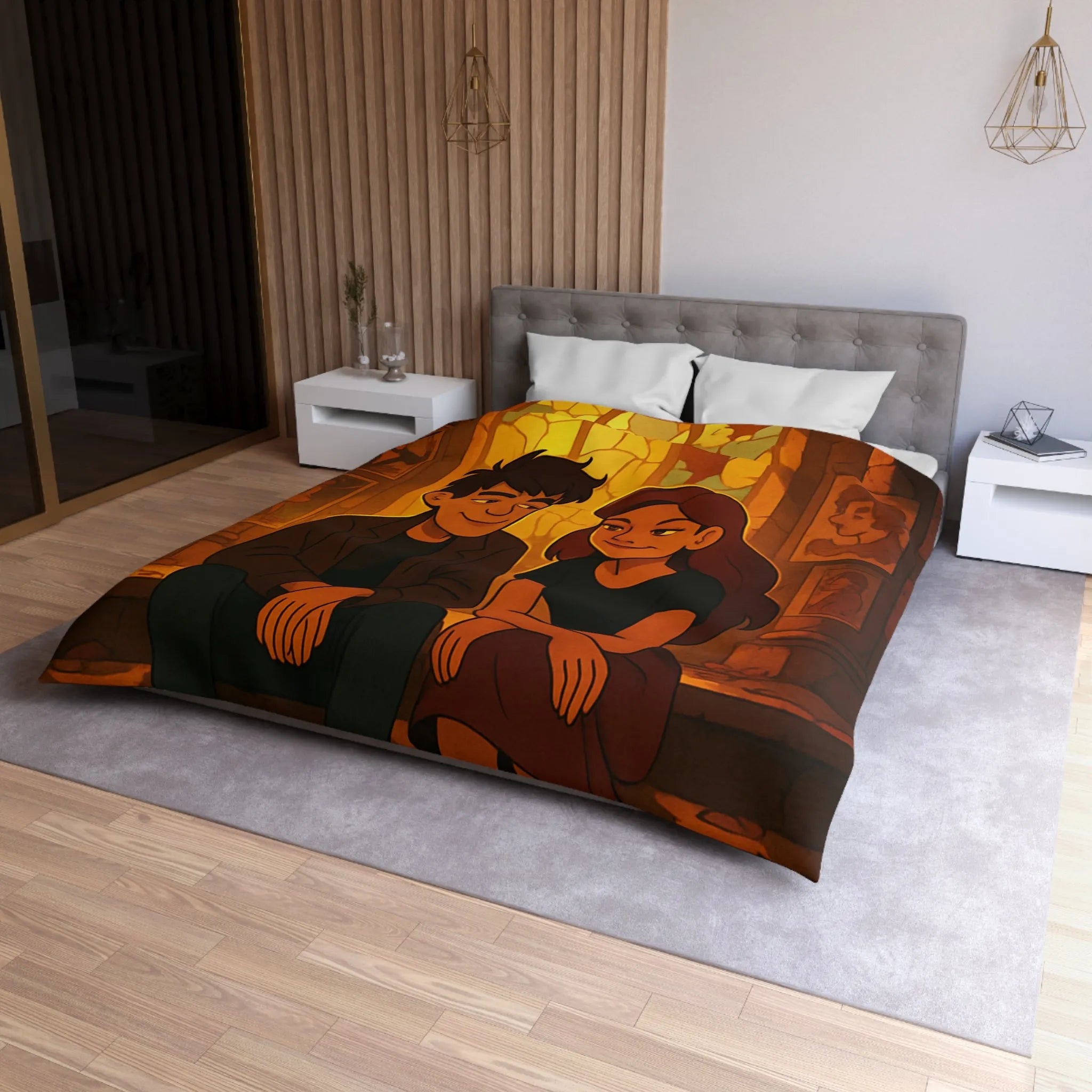 Housse de couette avec illustration romantique de couple devant vitrail chaleureux et intime