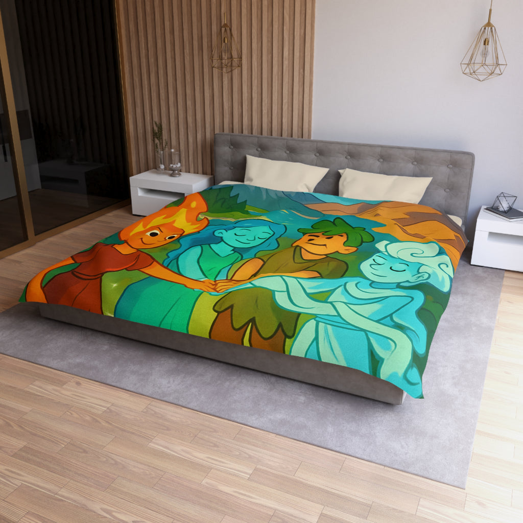 Housse de Couette Nature Enchantée avec Éléments Terre, Feu, Air et Eau Unifiés