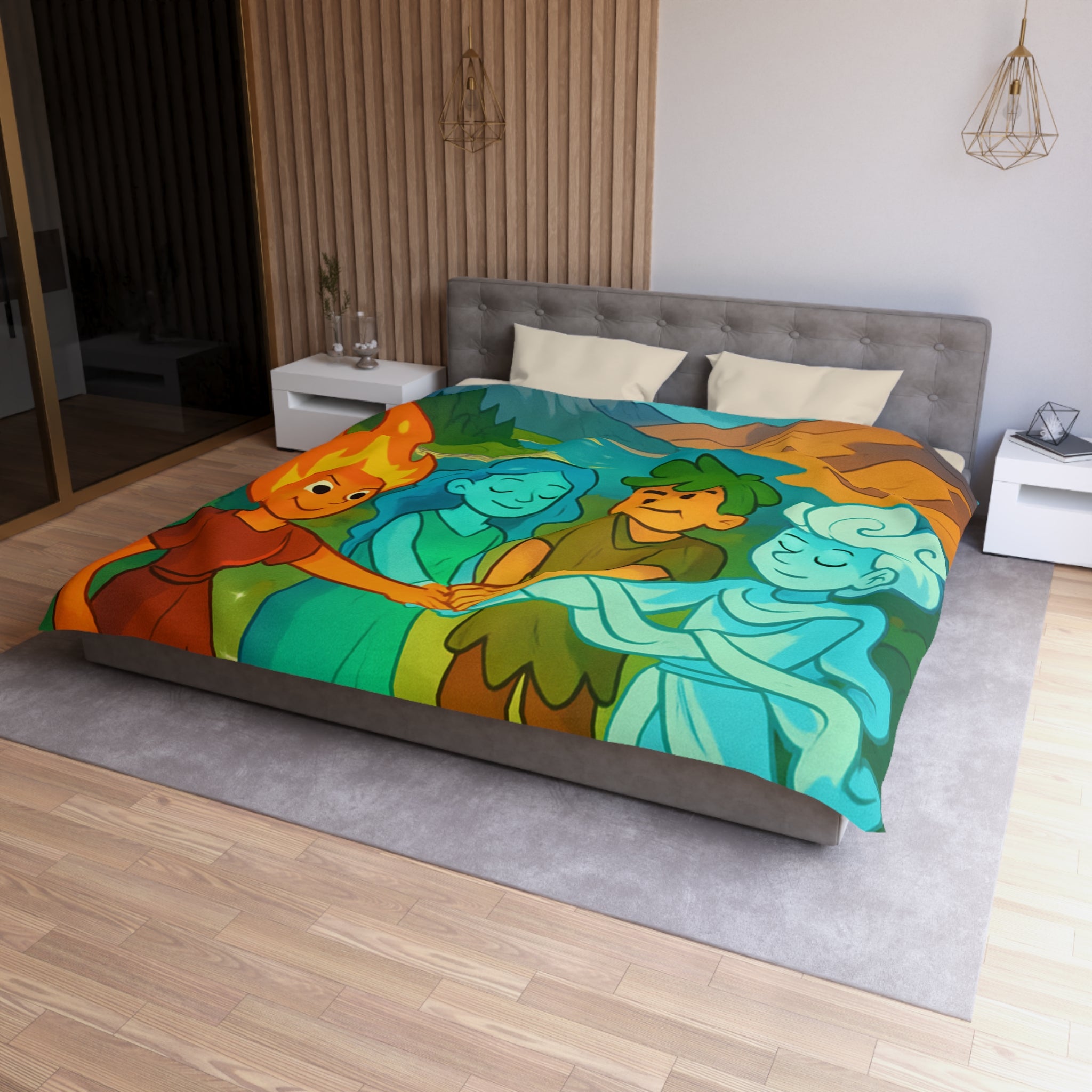 Housse de Couette Nature Enchantée avec Éléments Terre, Feu, Air et Eau Unifiés