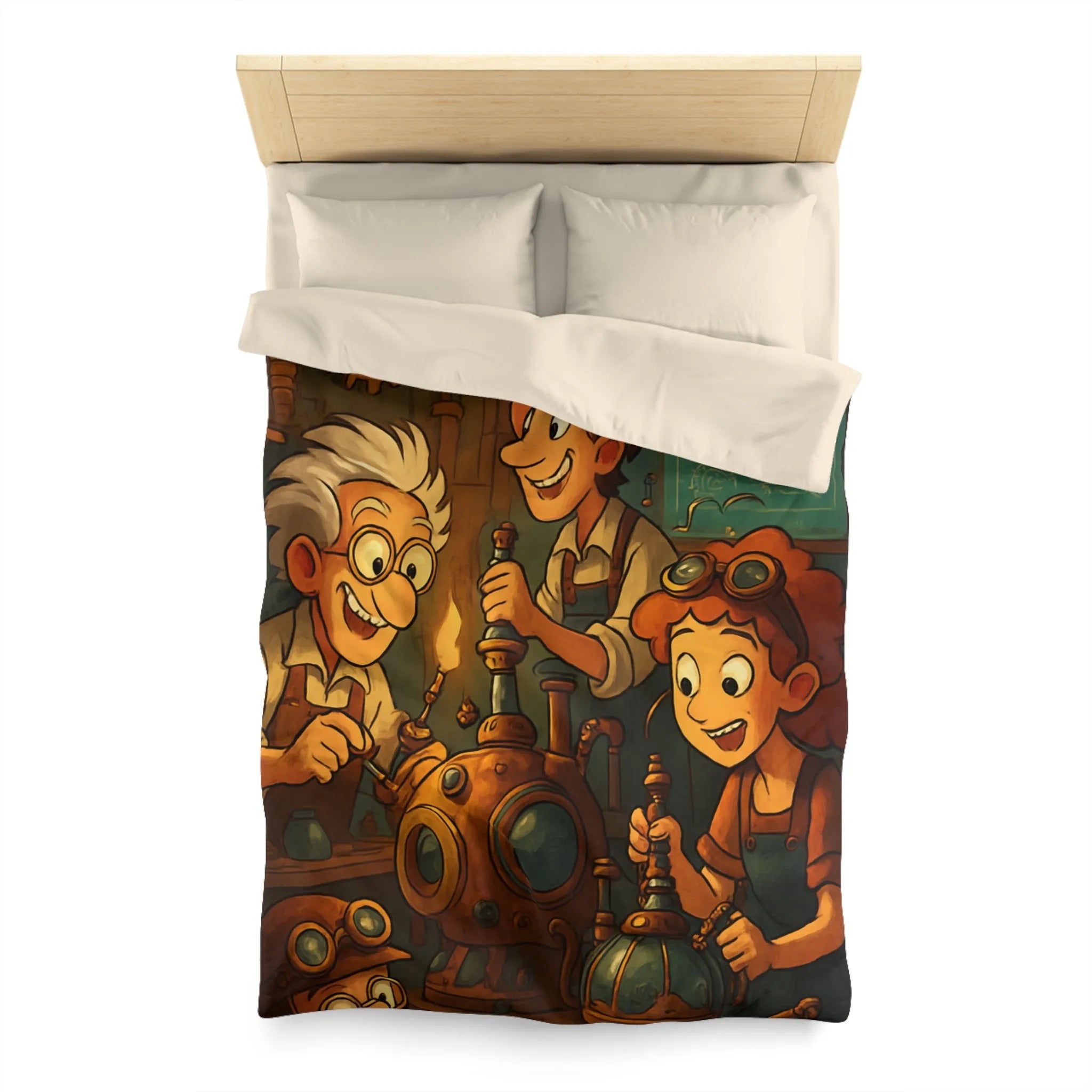 Housse de couette illustrée steampunk avec personnages inventeurs et machines dans atelier